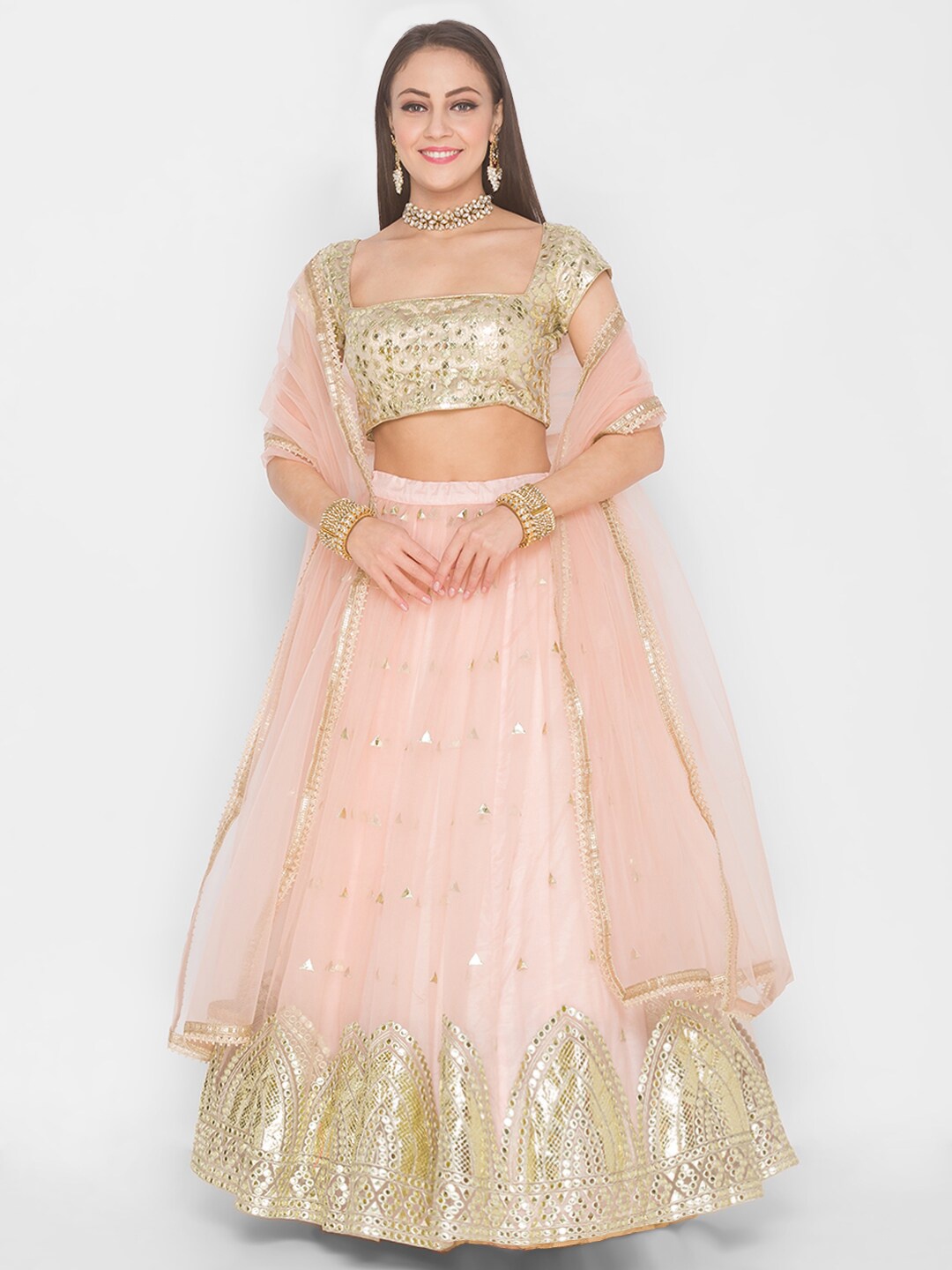 

6Y COLLECTIVE Peach-Coloured & Gold-Toned Embellished Mirror Work Semi-Stitched Lehenga & Unstitched Blouse