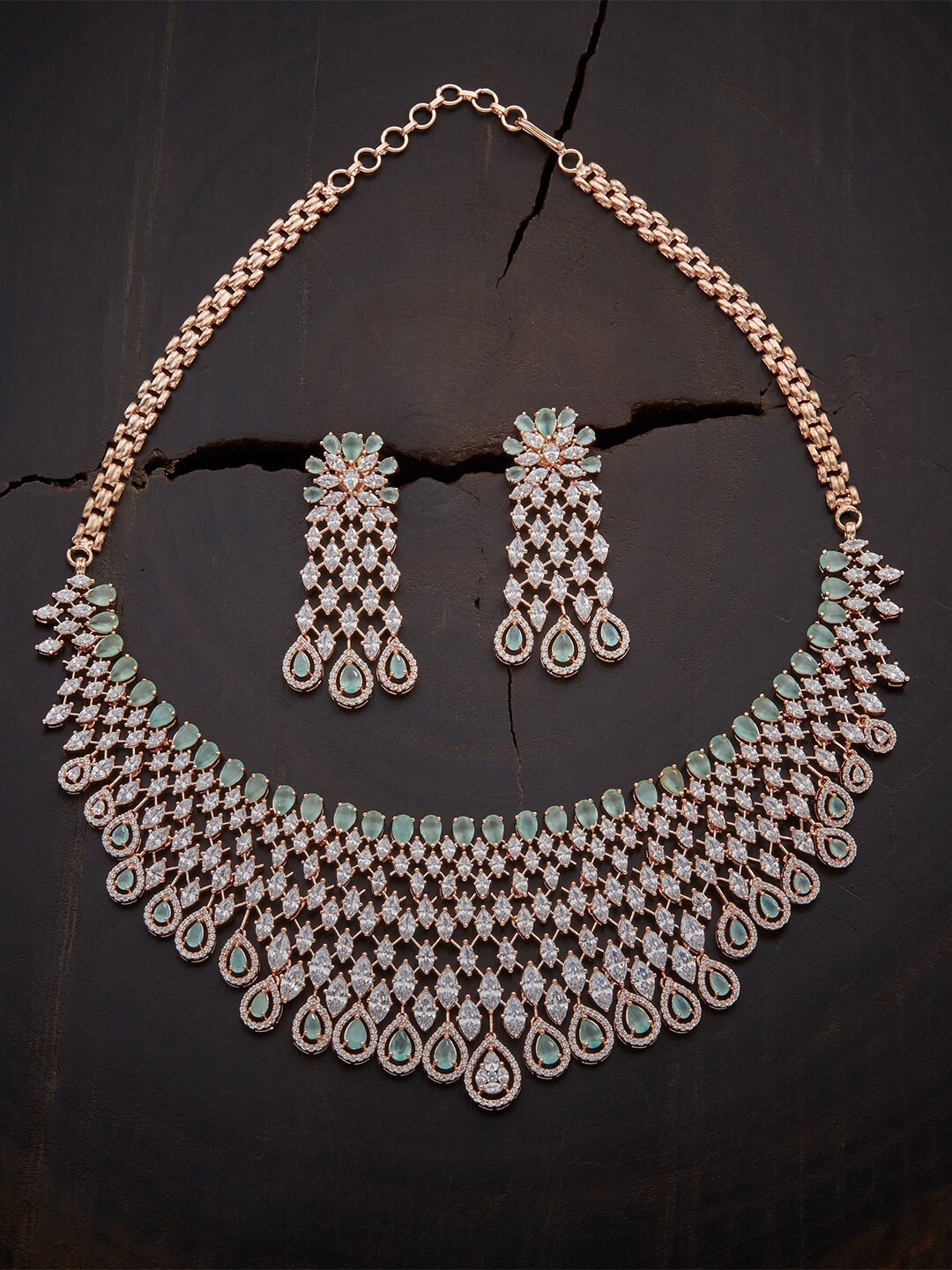 

Kushal's Fashion Jewellery Rose Gold-Plated Mint Green CZ Scintillating Jewellery Set