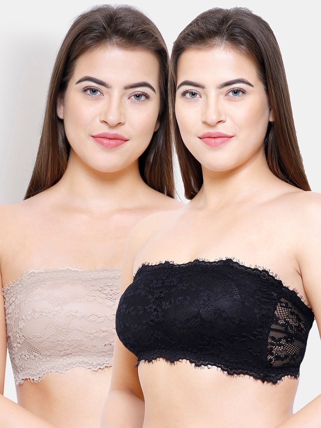 

FashionRack Set of 2 Black & Beige Floral Lightly Padded Strapless Bandeau Bra