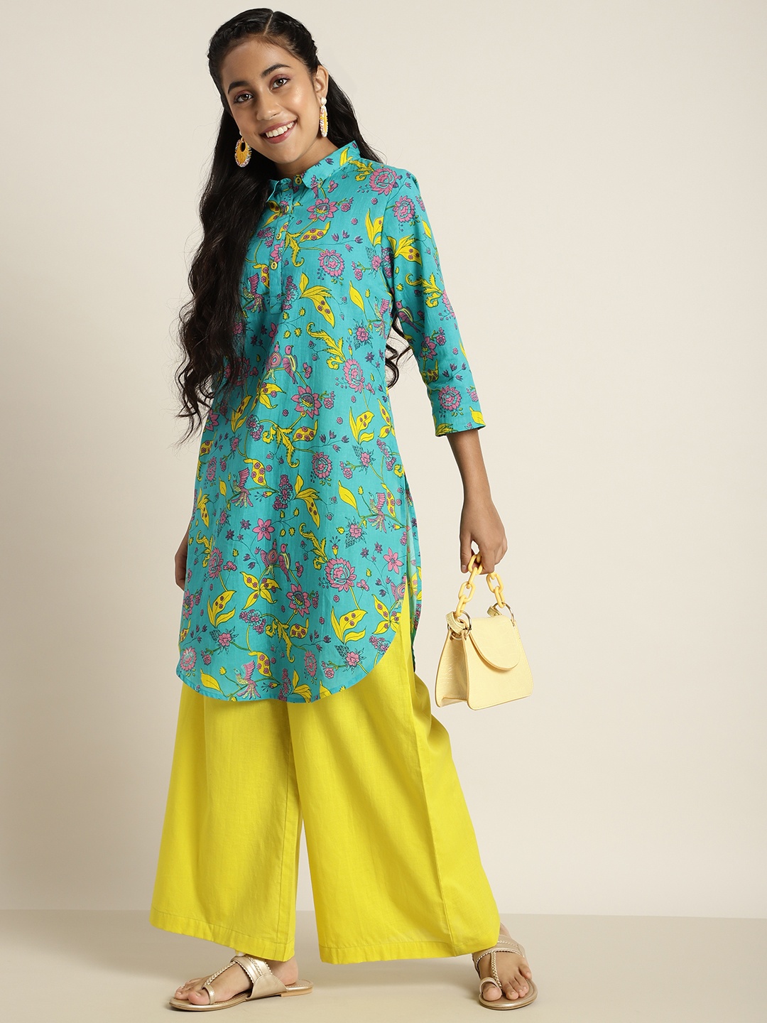 

Sangria Teen Girls Blue Printed Pure Cotton Kurta with Palazzos
