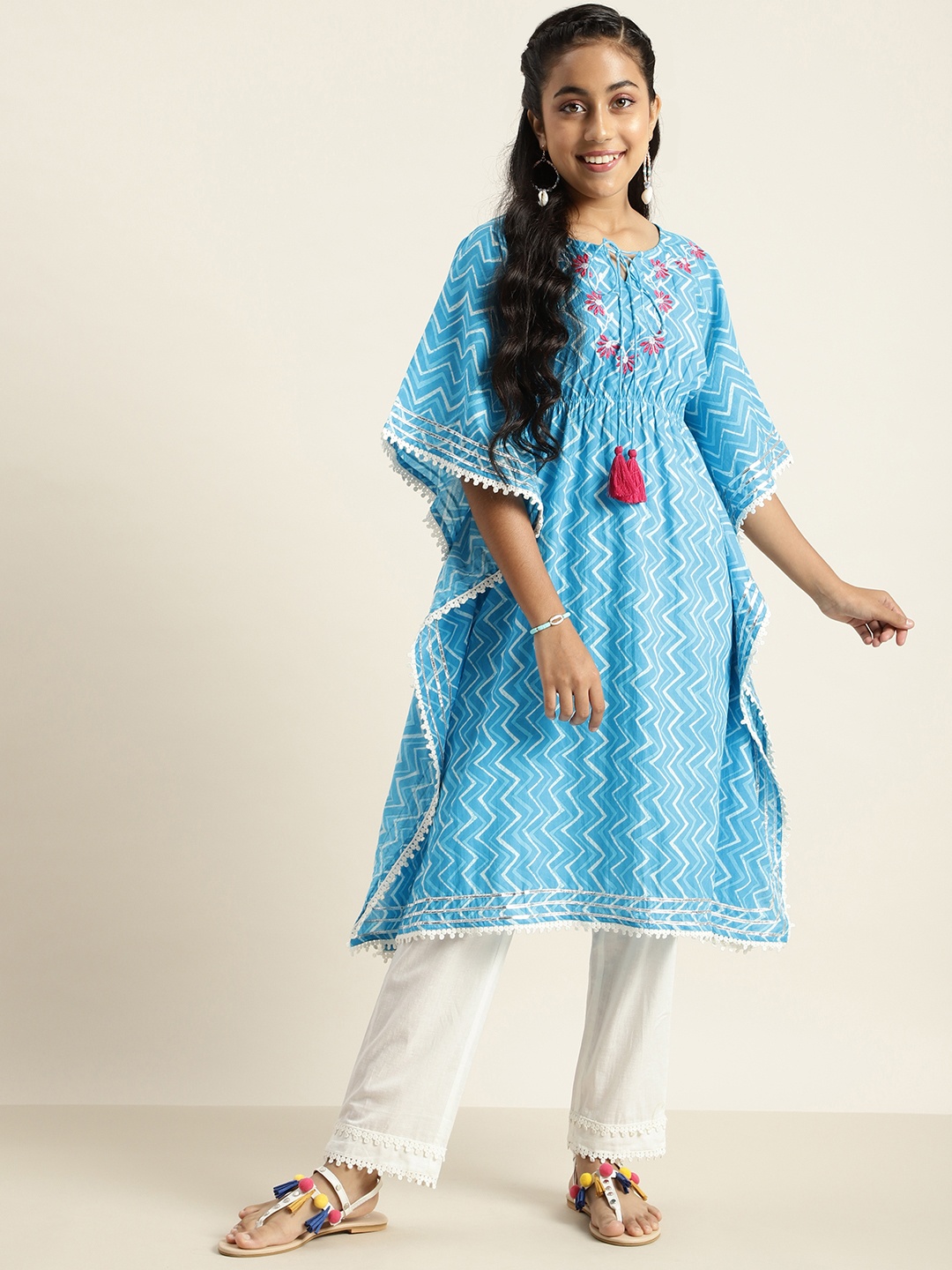 

Sangria Girls Blue Printed Pleated Pure Cotton Kurta with Trousers