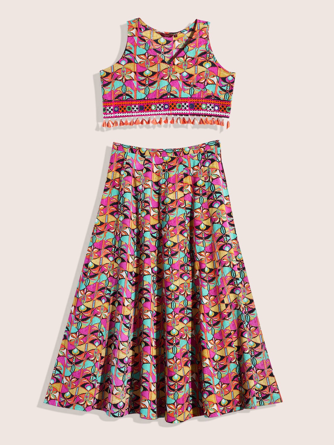 

Sangria Teen Girls Multicoloured Printed Mirror Work Ready to Wear Lehenga & Choli, Multi