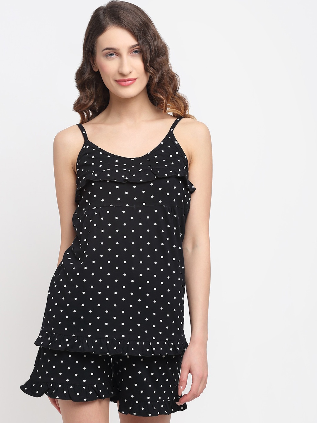 

Kanvin Women Black & White Printed Polka Dots Night suit