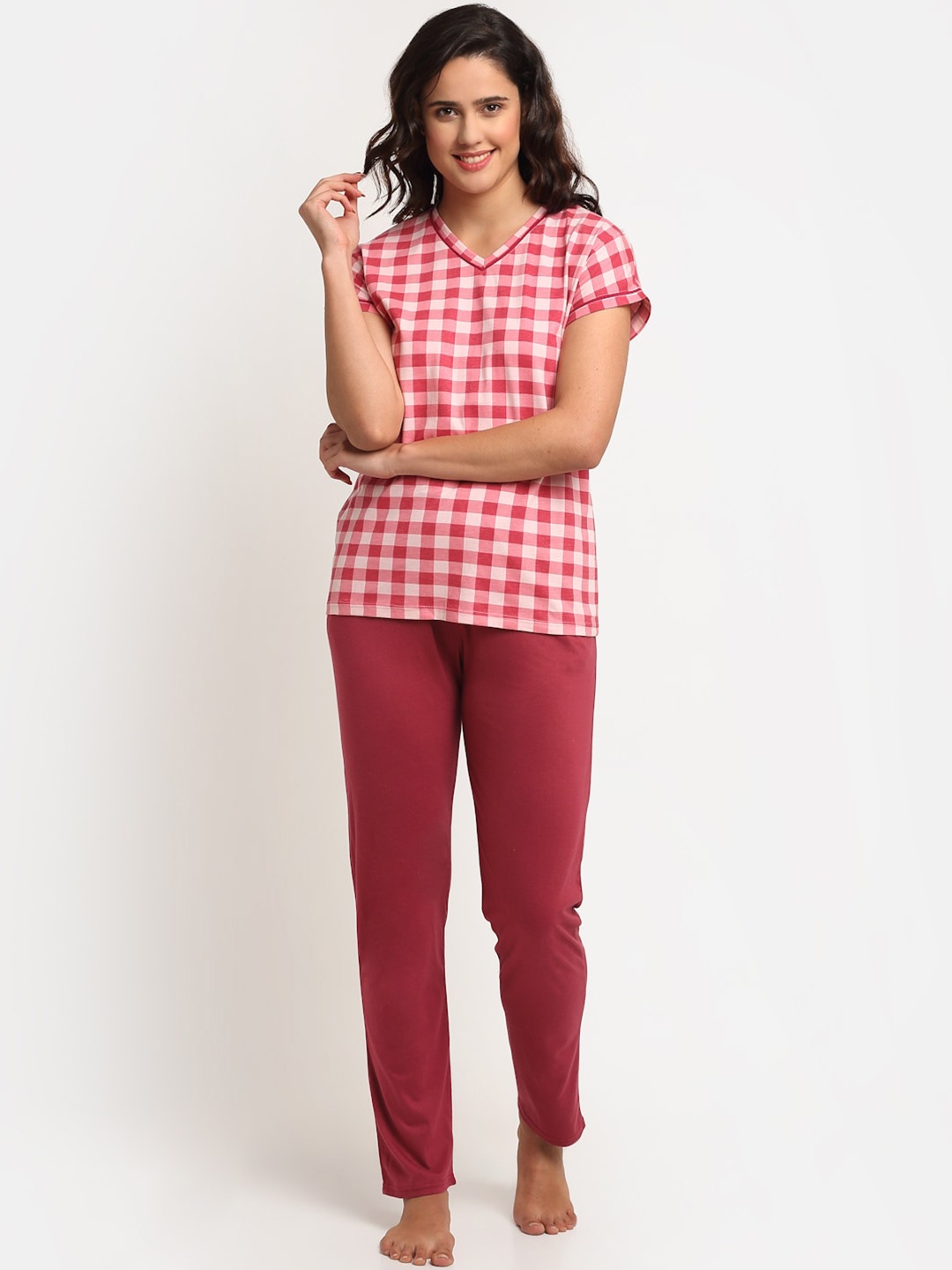 

Kanvin Women Red & White Checked Pure Cotton Night suit