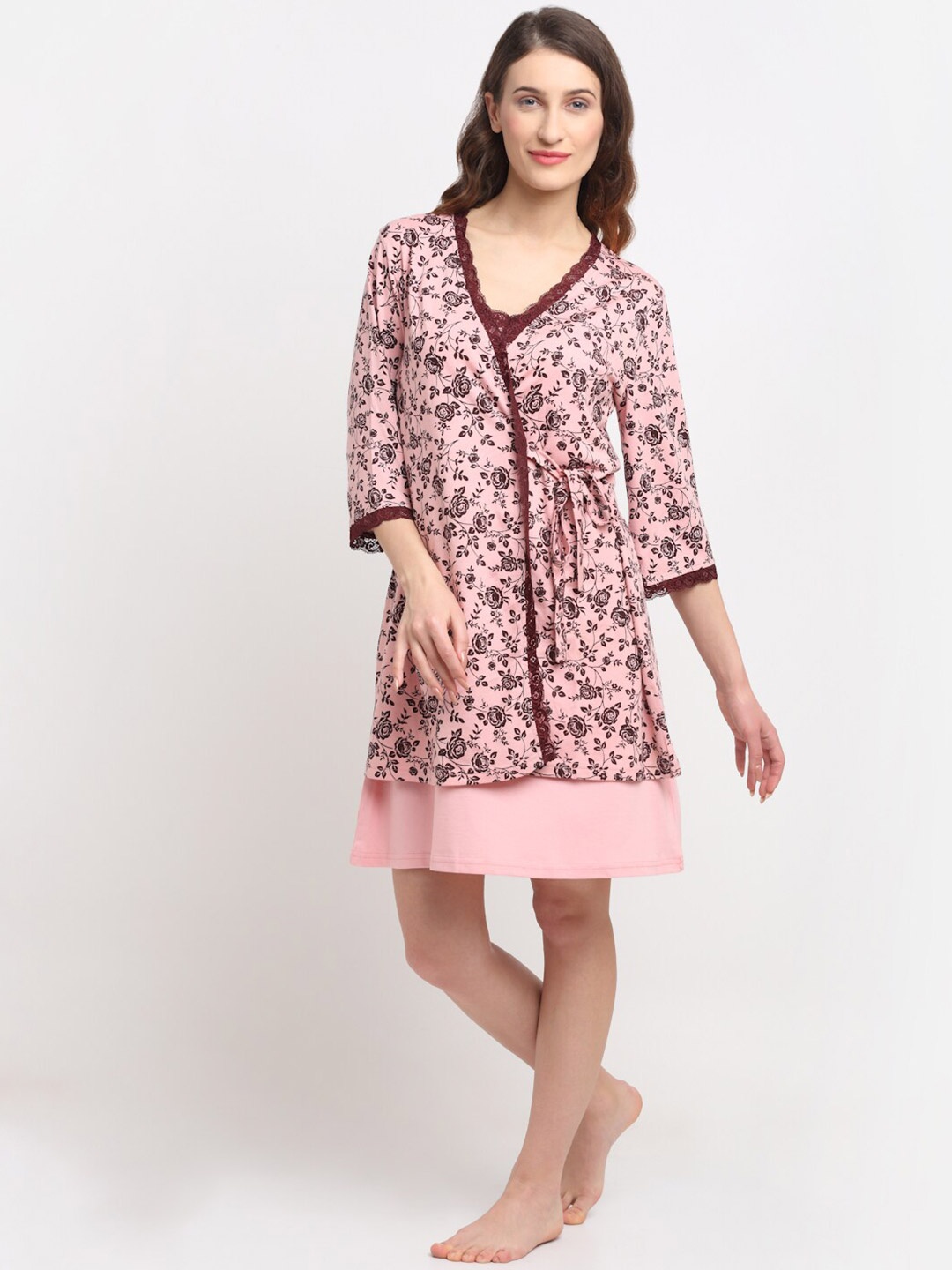 

Kanvin Pink & Brown Printed Nightdress