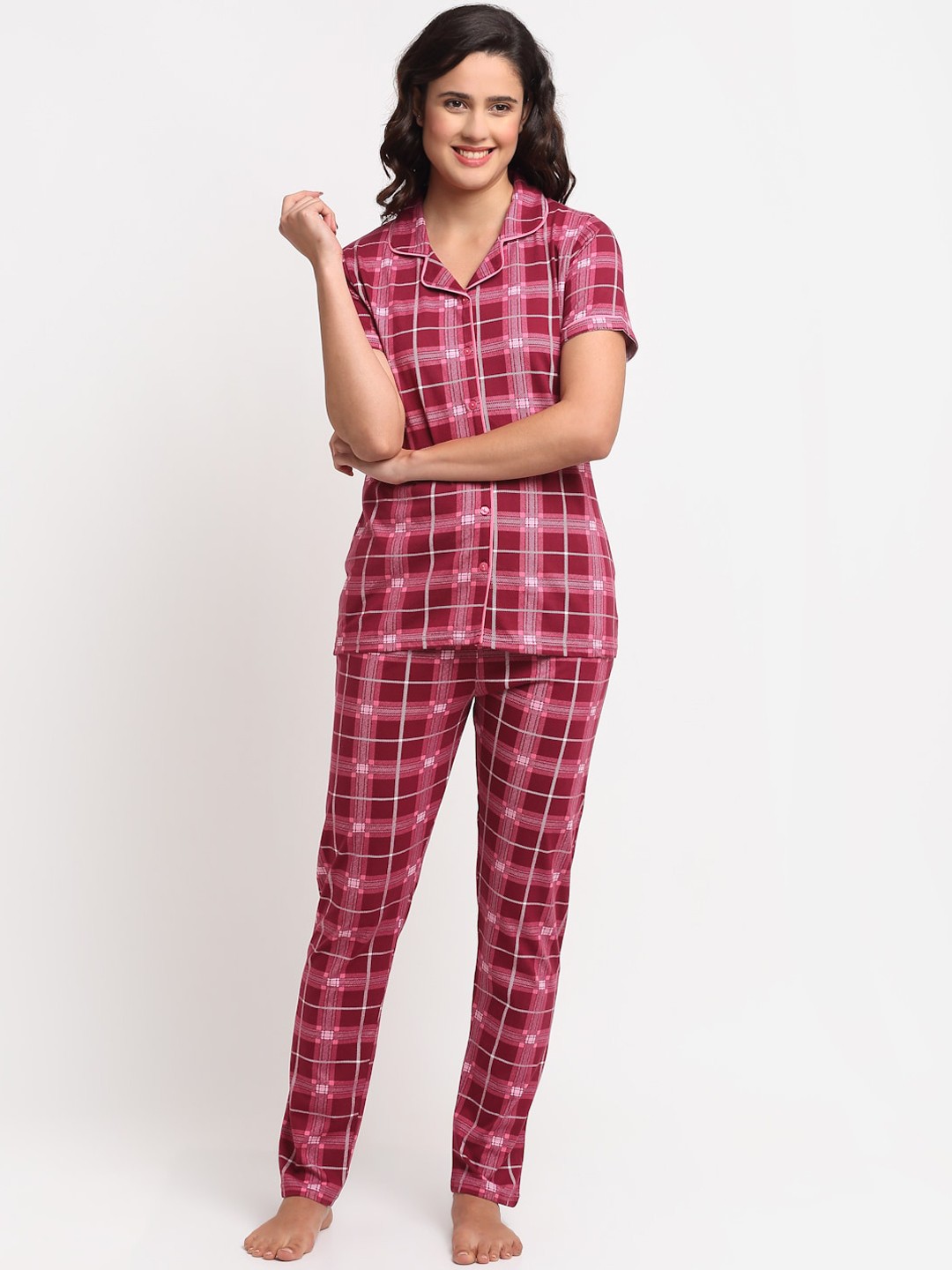 

Kanvin Women Maroon & Pink Checked Cotton Night suit
