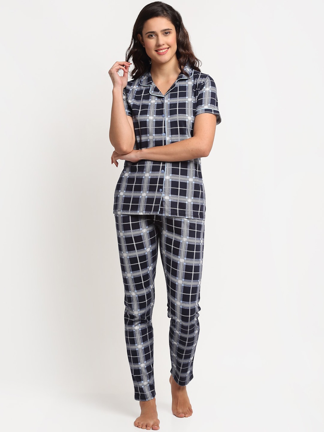 

Kanvin Women Navy Blue & White Pure Cotton Checked Night suit
