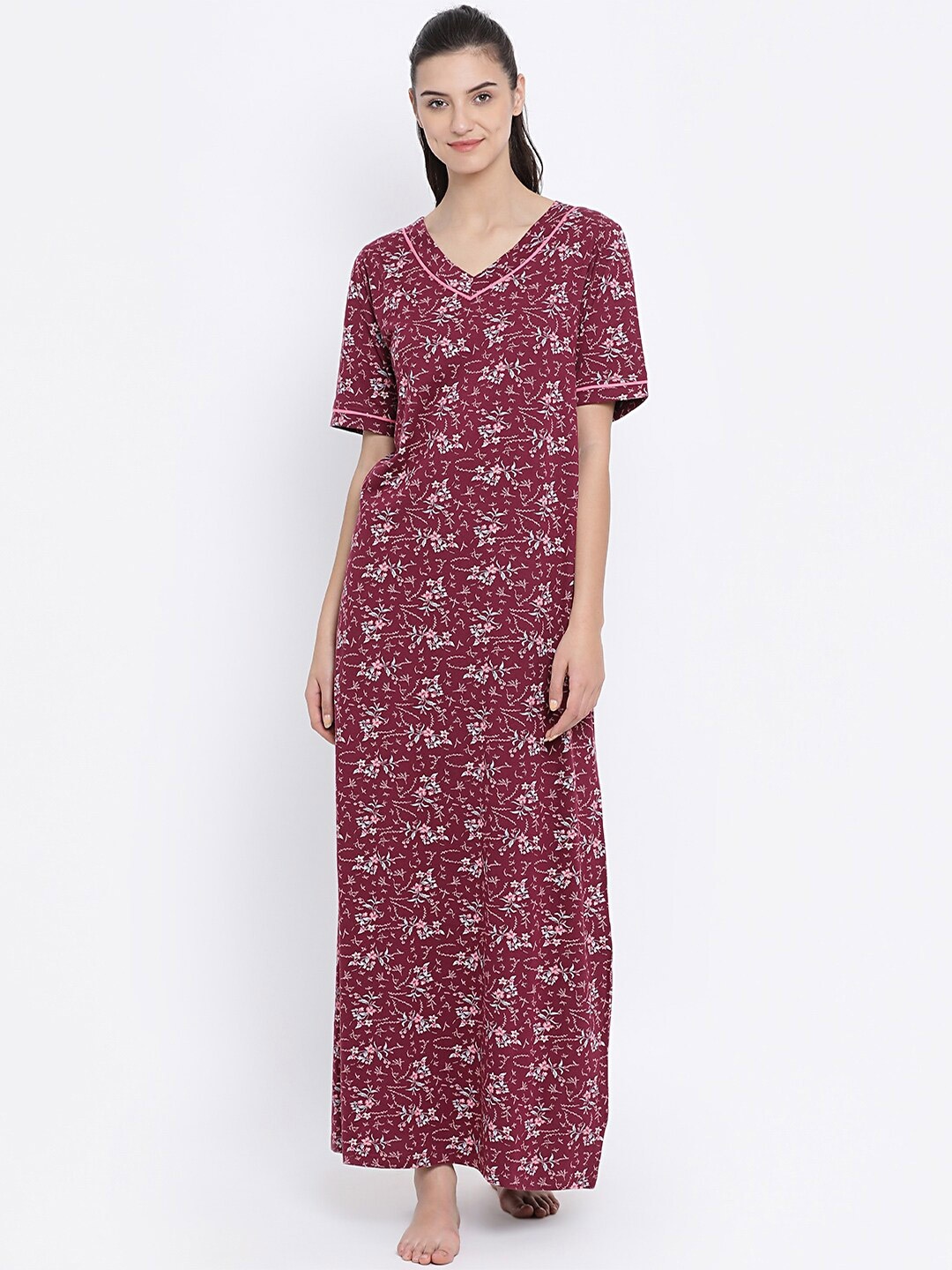 

Kanvin Maroon Floral Printed Maxi Cotton Nightdress