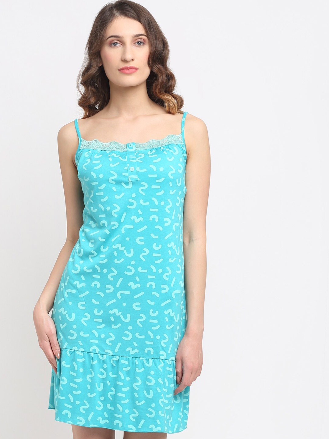 

Kanvin Turquoise Blue Printed Pure Cotton Nightdress