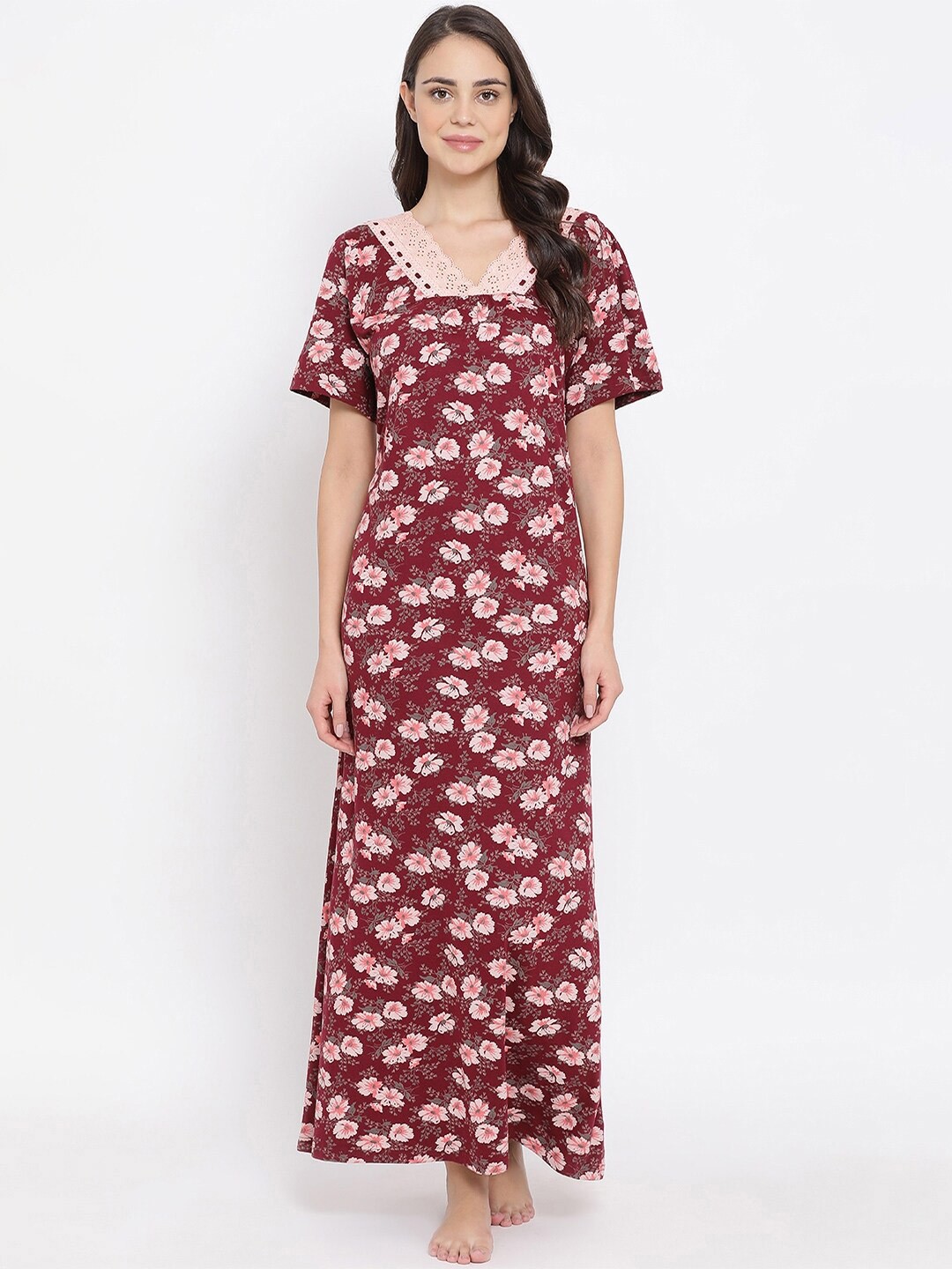 

Kanvin Maroon Printed Cotton Maxi Nightdress