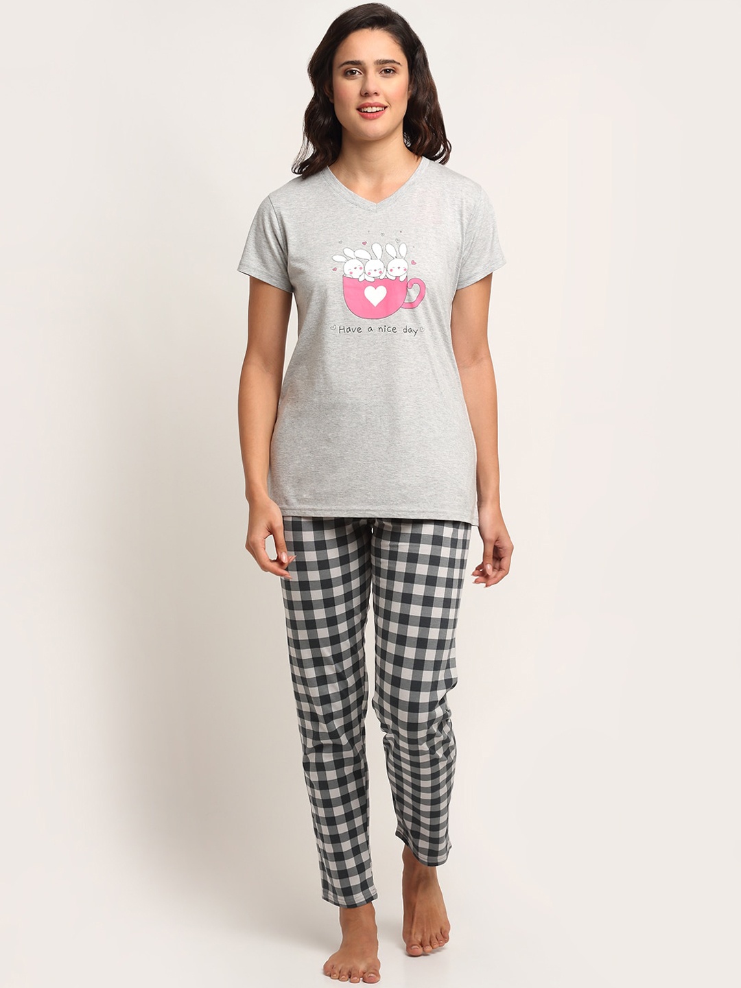 

Kanvin Women Grey & Black Printed Pure Cotton Night suit
