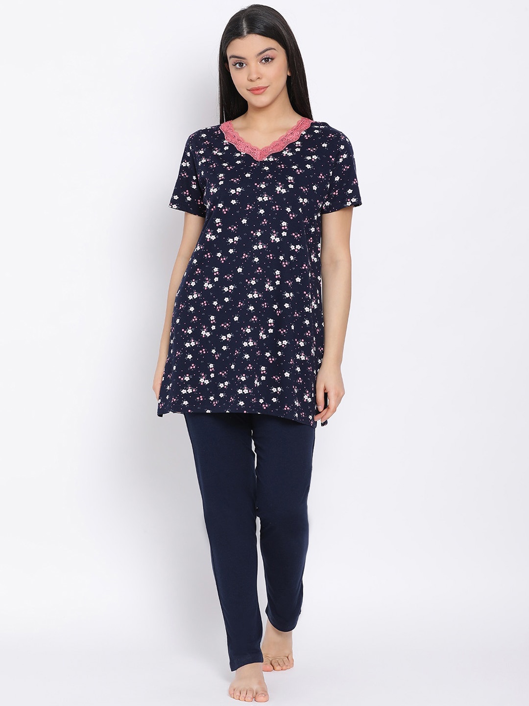 

Kanvin Women Navy Blue Printed Pure Cotton Night suit