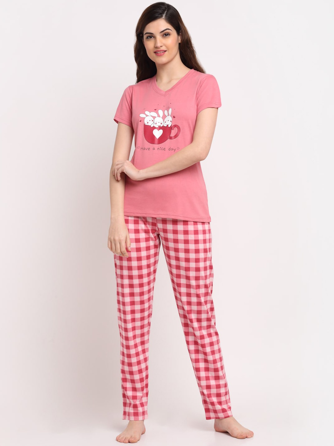 

Kanvin Women Pink Printed Cotton Night suit
