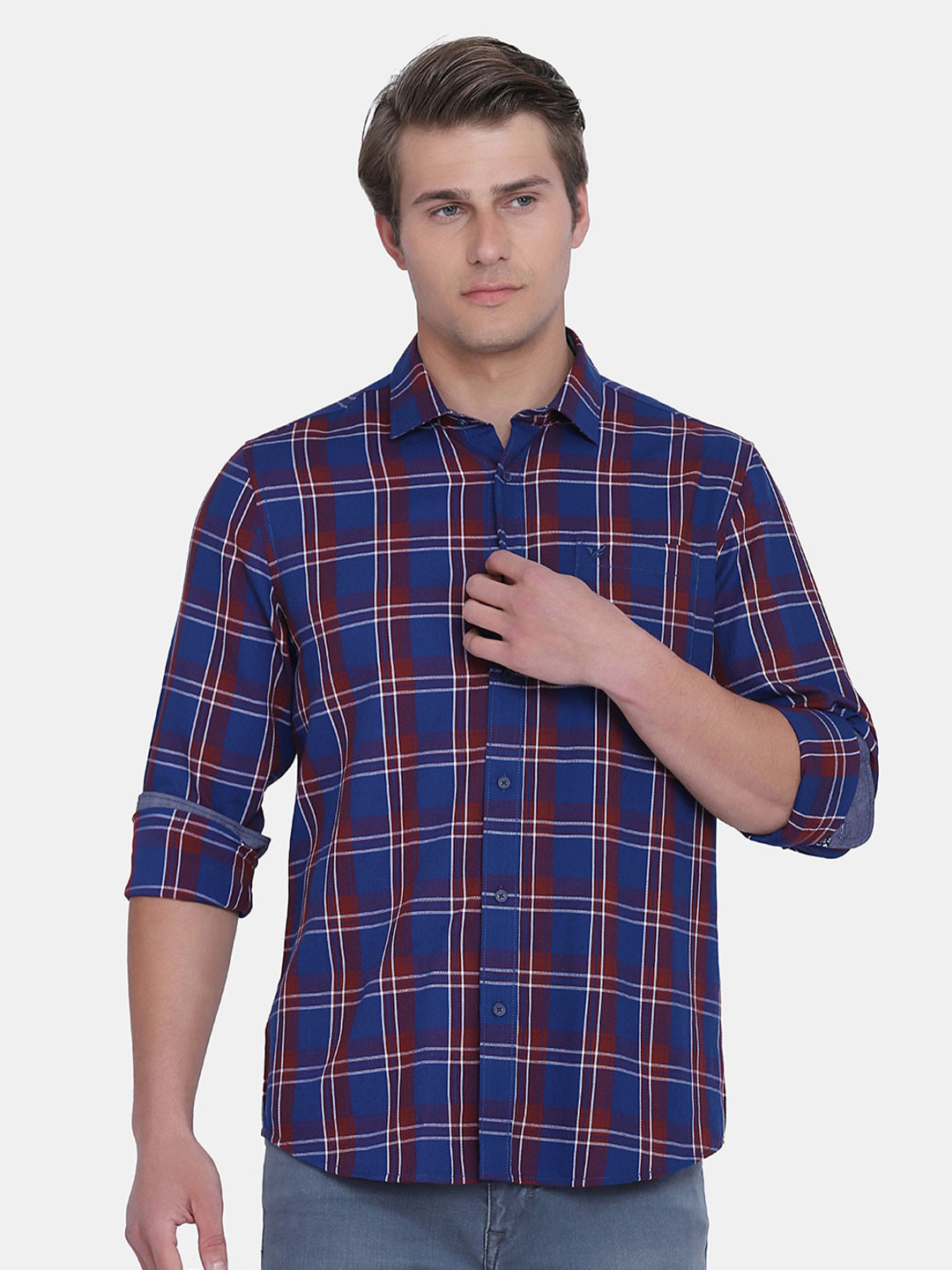 

Blackberrys Men Navy Blue & Maroon India Slim Fit Tartan Checks Checked Casual Shirt