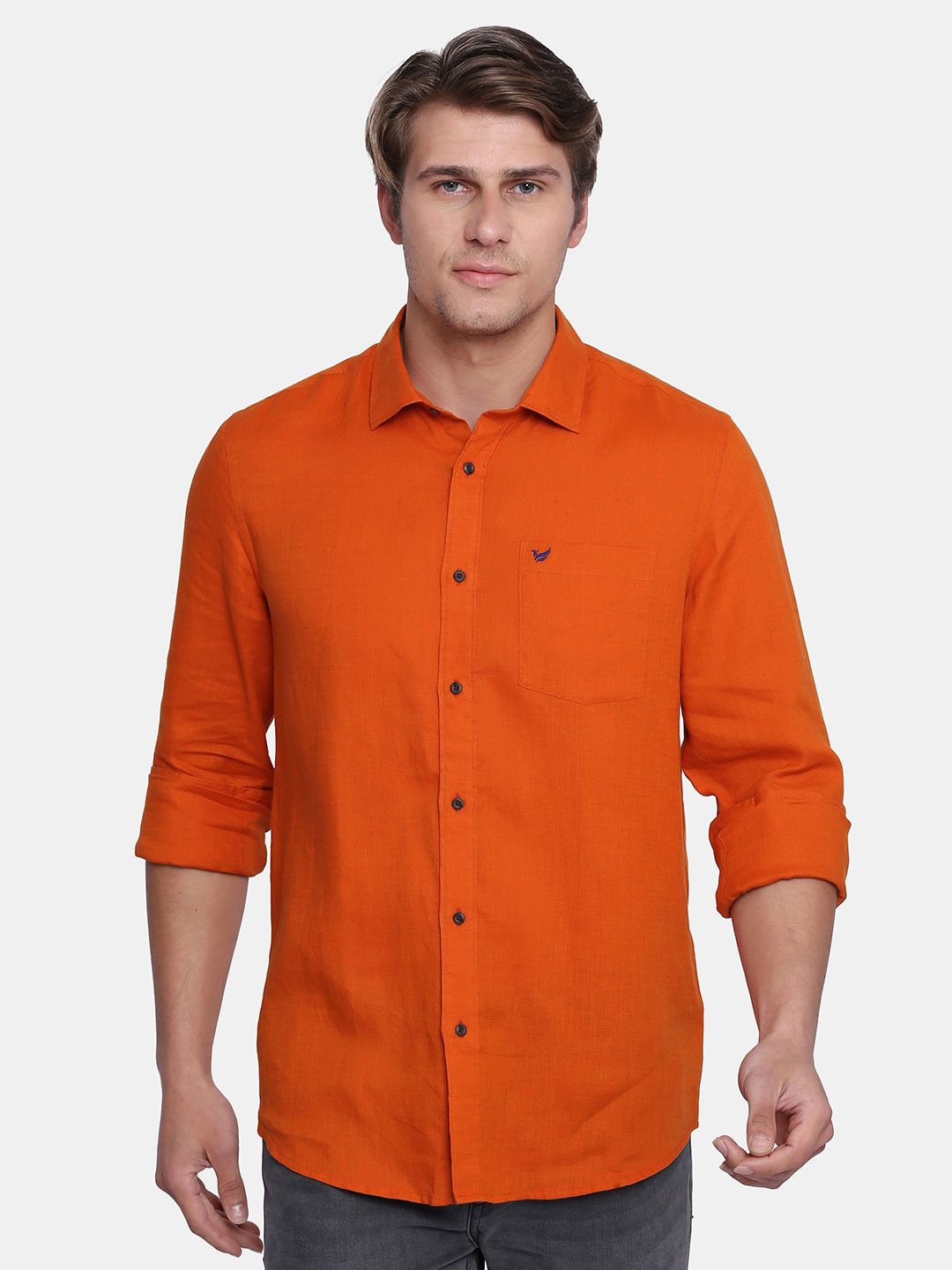 

Blackberrys Men Orange Solid India Slim Fit Linen Casual Shirt