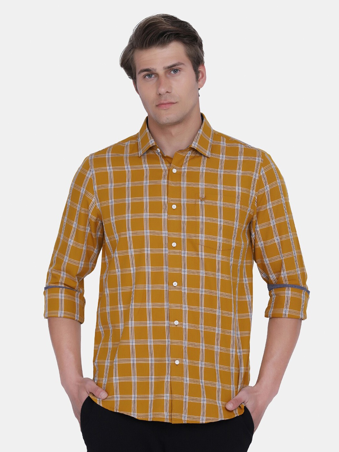 

Blackberrys Men Mustard India Slim Fit Tartan Checks Checked Casual Shirt