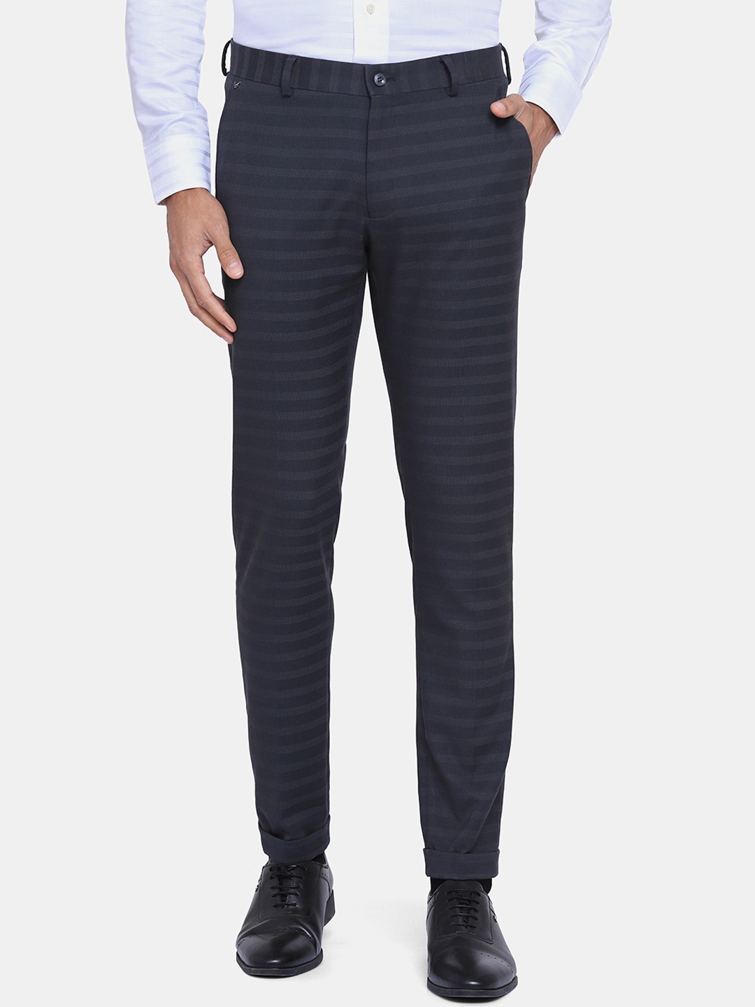 

Blackberrys Men Grey Striped Phoenix Skinny Fit Formal Trousers