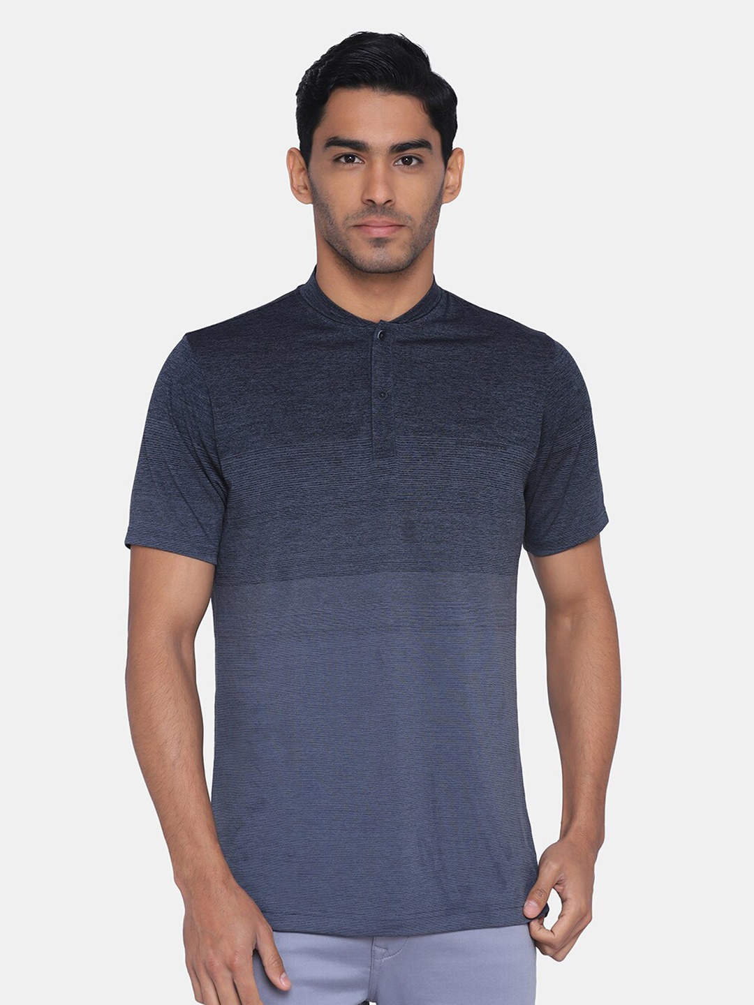 

Blackberrys Men Grey Striped Henley Neck Slim Fit T-shirt