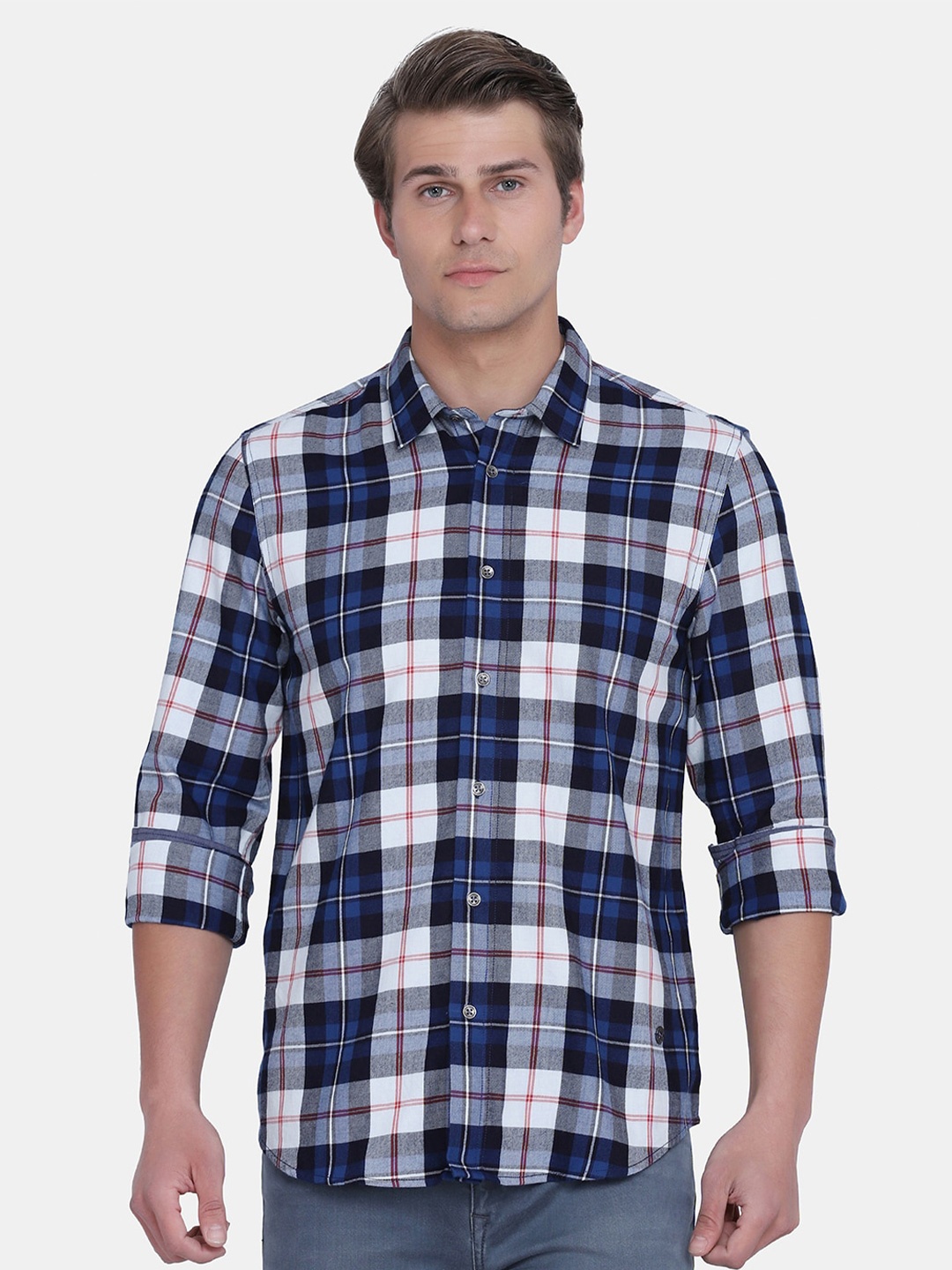 

Blackberrys Men Blue & White India Slim Fit Tartan Checked Casual Shirt