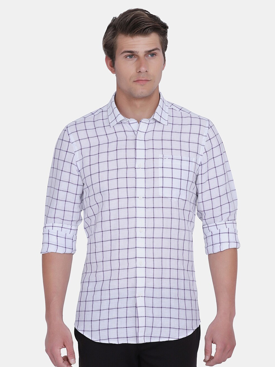 

Blackberrys Men Purple & Blue India Slim Fit Checked Linen Casual Shirt