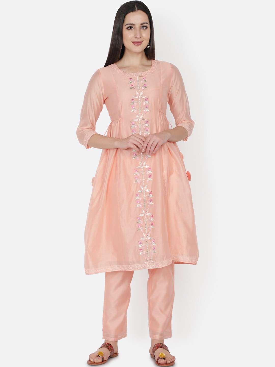 

TRISHLA INDIA Women Peach-Coloured Striped Panelled Chanderi Silk Kurta with Churidar