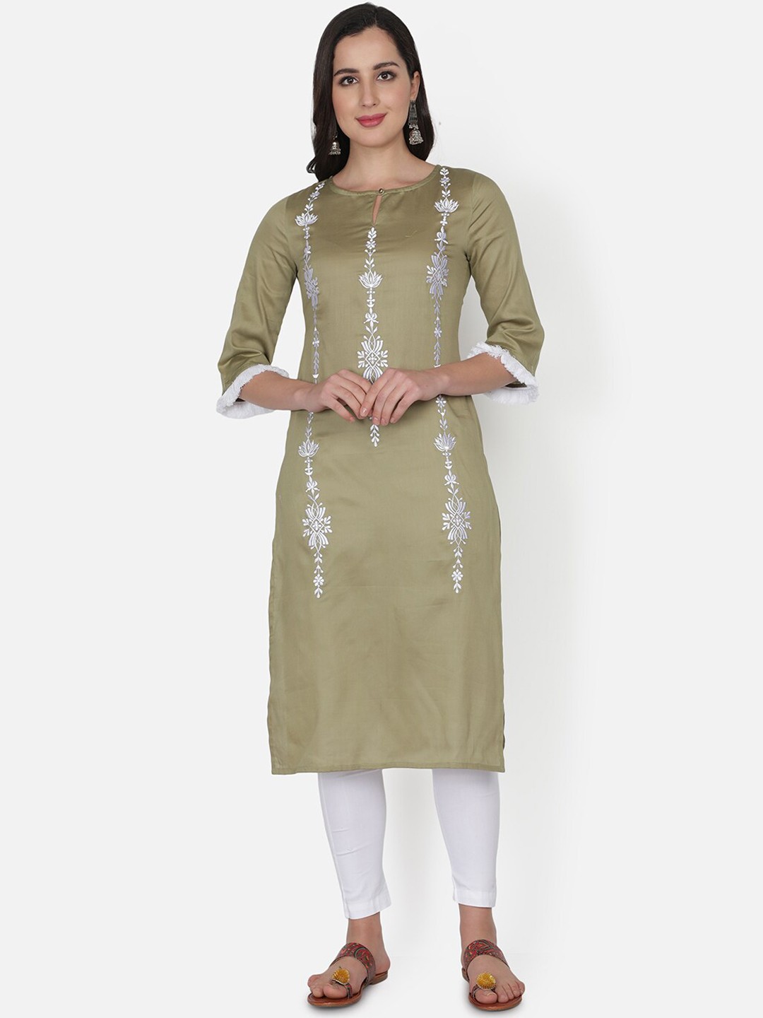 

TRISHLA INDIA Women Olive Green & White Embroidered Pure Cotton Kurta with Trousers