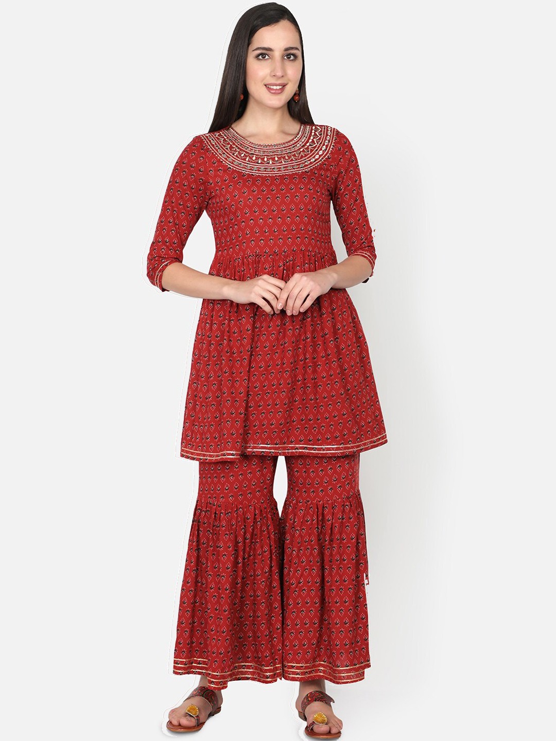 

TRISHLA INDIA Women Maroon High Slit Kurti with Sharara & With Dupatta