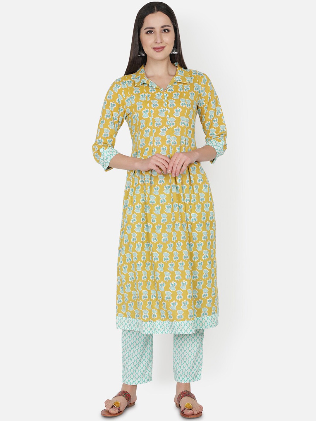 

TRISHLA INDIA Women Yellow & Sea Green Printed Pure Cotton Kurta with Trousers
