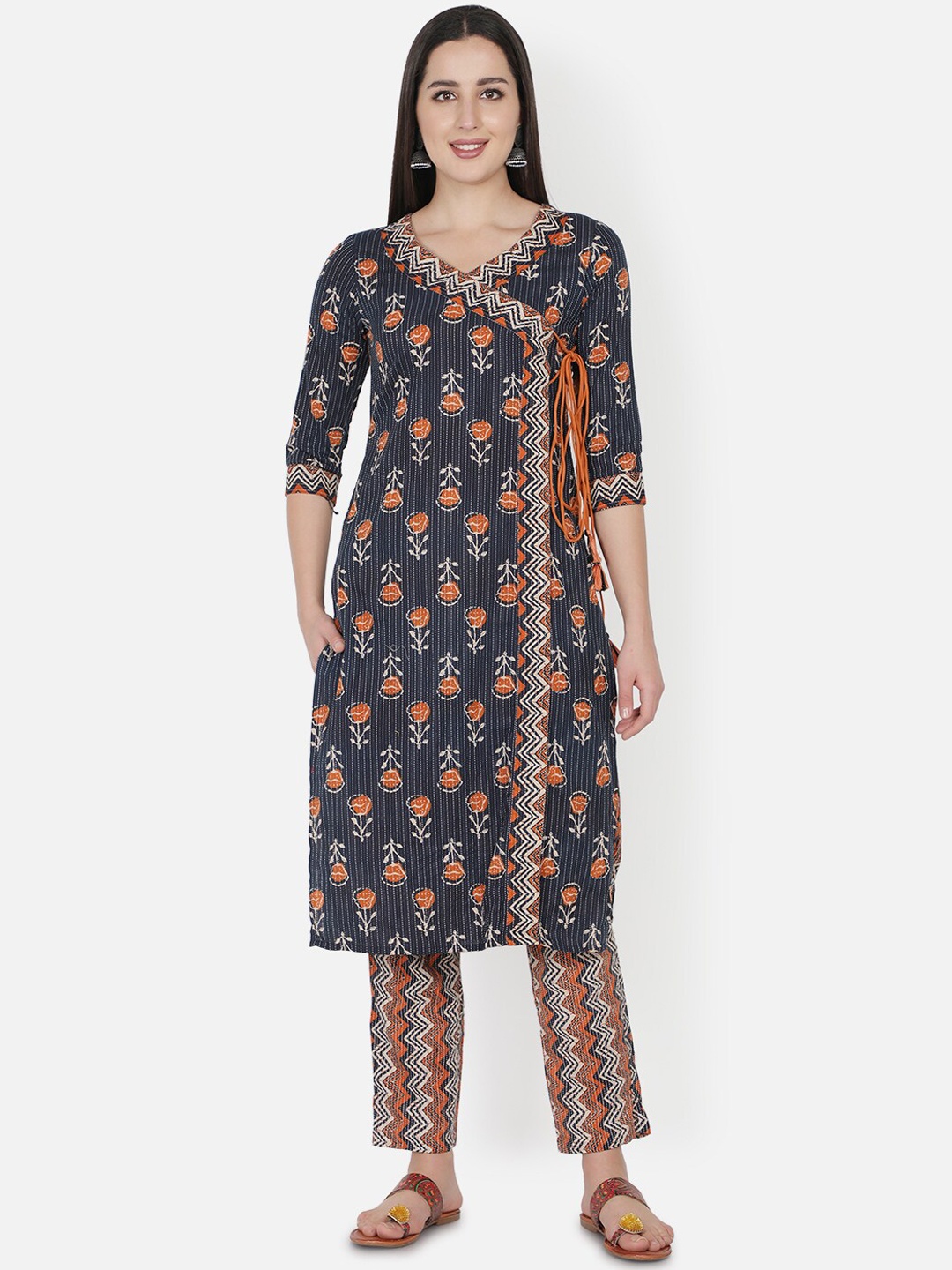 

TRISHLA INDIA Women Blue Floral Printed Angrakha Pure Cotton Kurta with Palazzos