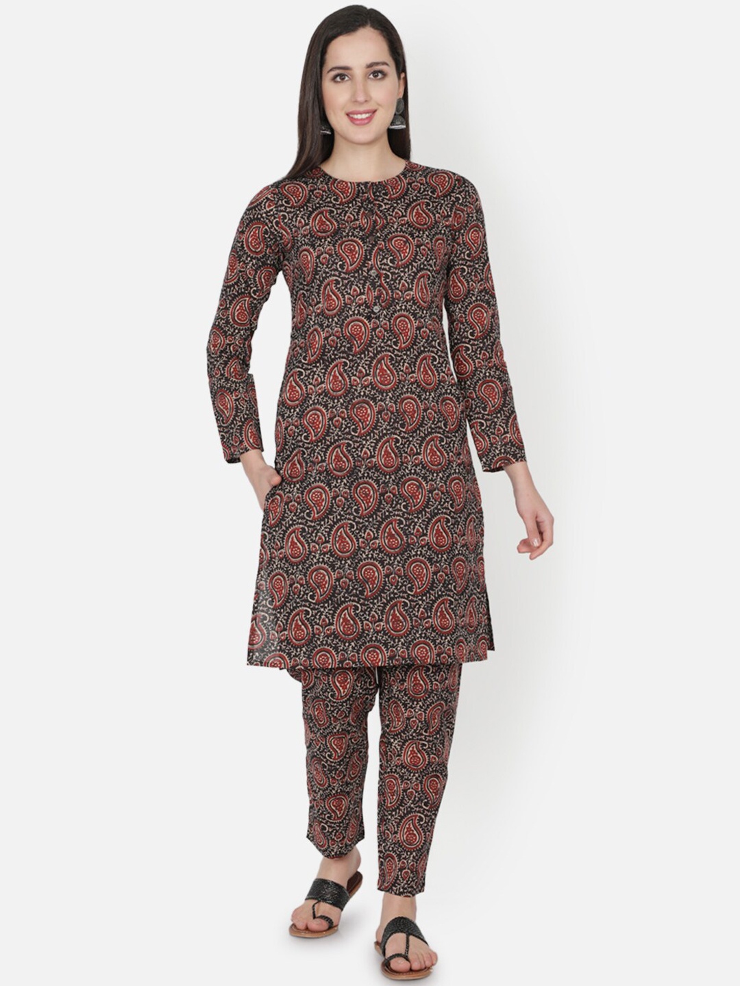 

TRISHLA INDIA Women Black Paisley Printed Pure Cotton Kurta with Trousers