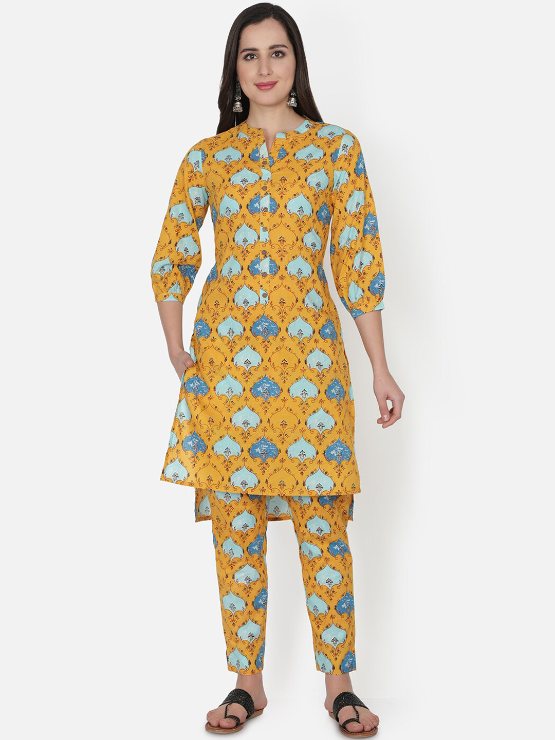 

TRISHLA INDIA Women Mustard Yellow Ethnic Motifs Printed Pure Cotton Kurti with Trousers