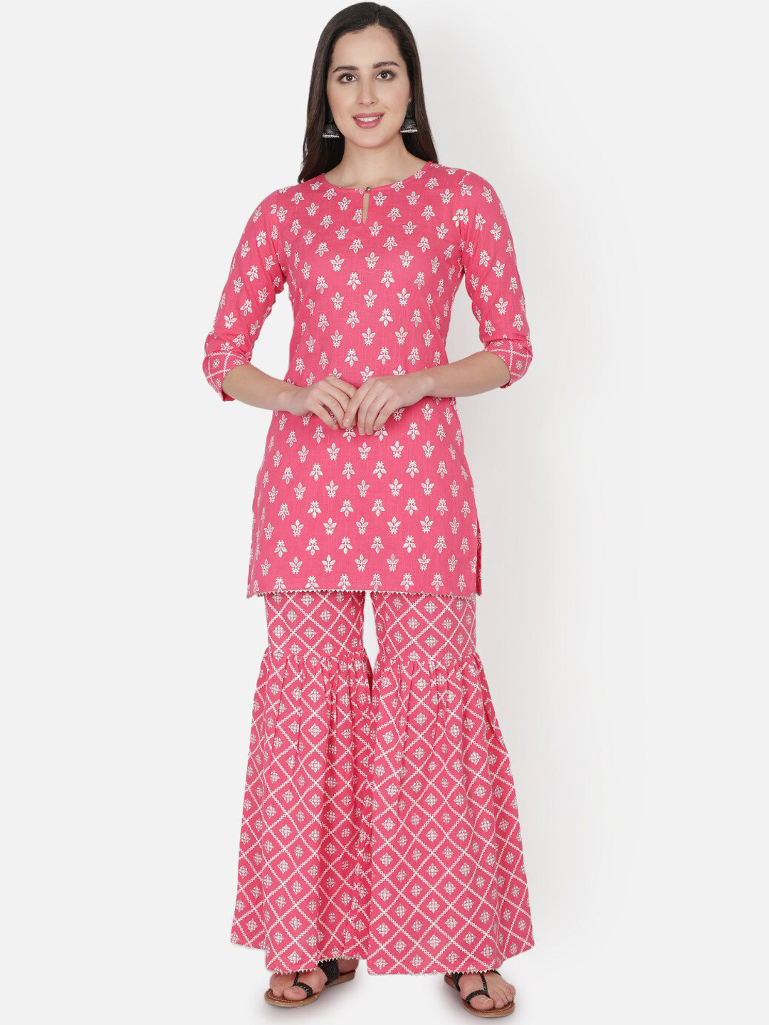 

TRISHLA INDIA Women Pink Printed Pure Cotton Kurta with Sharara