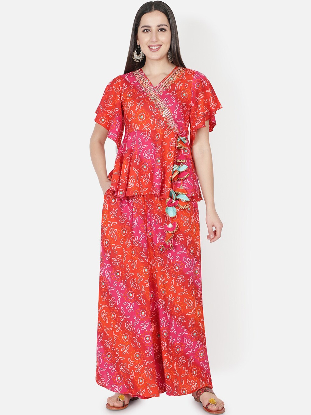 

TRISHLA INDIA Women Pink Bandhani Printed Angrakha Gotta Patti Kurti with Palazzos