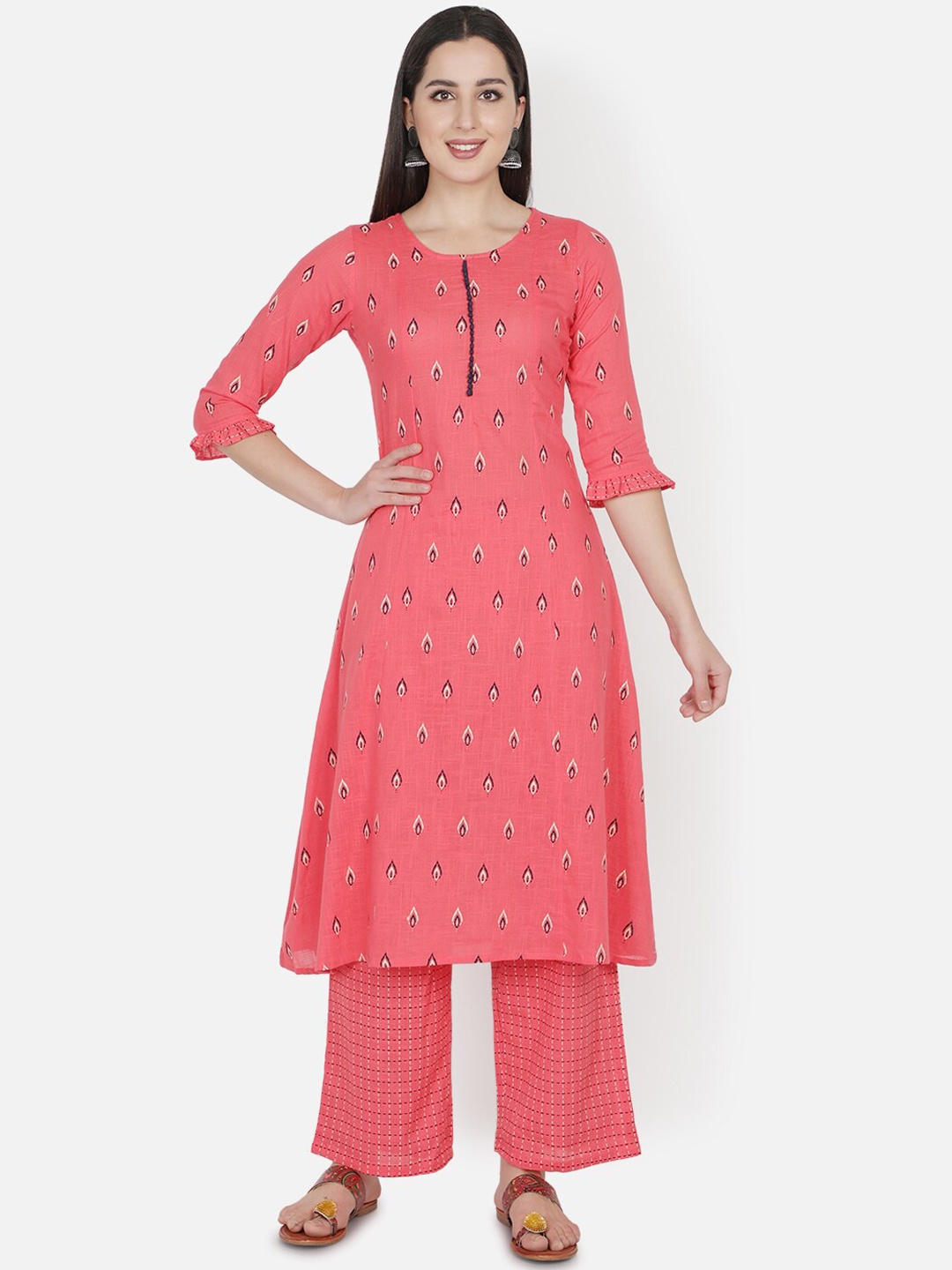 

TRISHLA INDIA Women Pink Ethnic Motifs Printed Pure Cotton Kurta with Palazzos