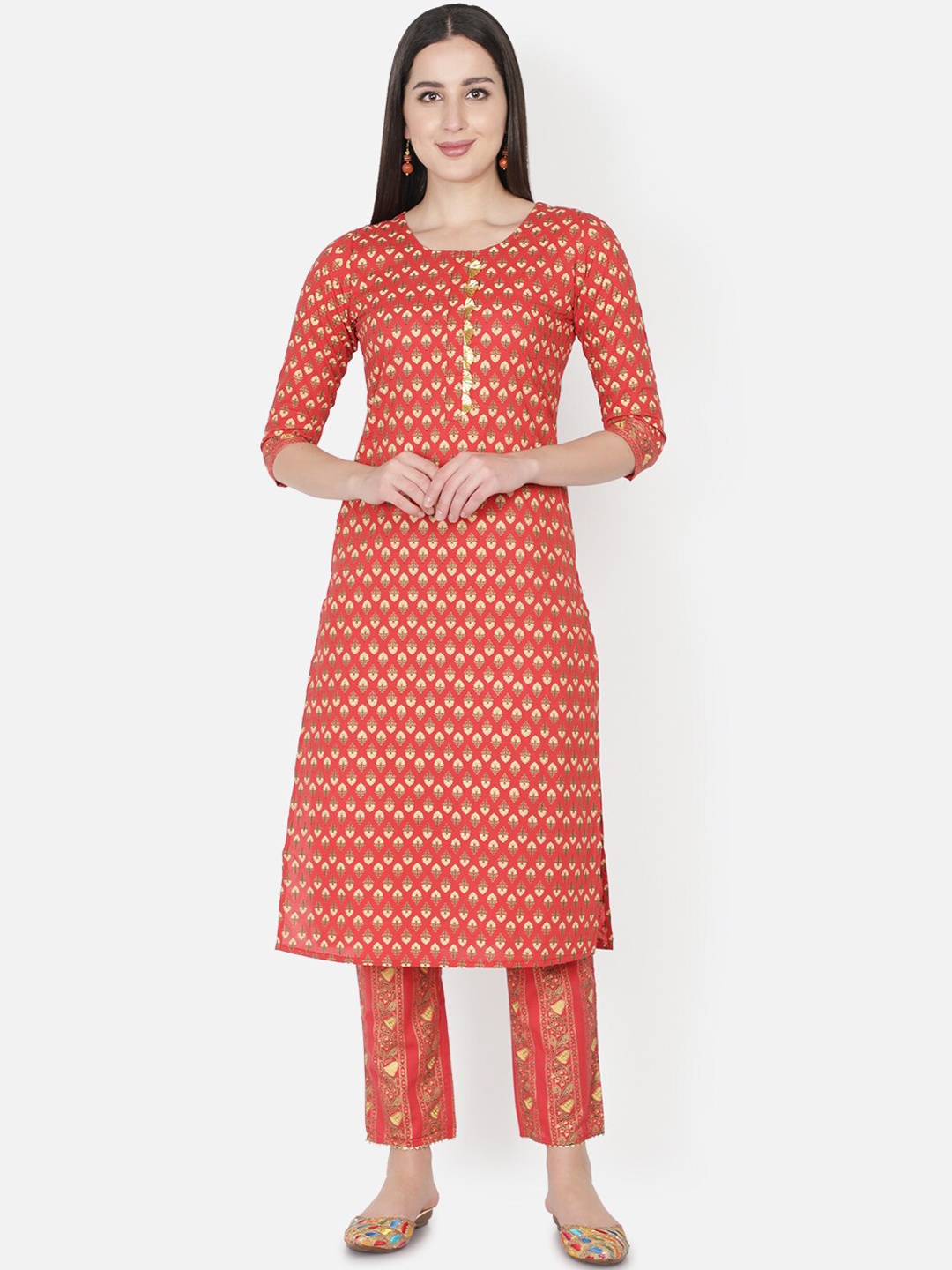 

TRISHLA INDIA Women Red Ethnic Motifs Printed Pure Cotton Kurta with Trousers