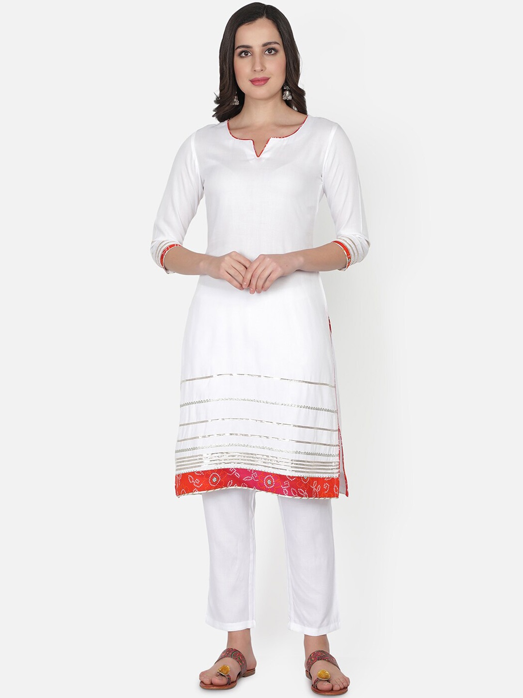 

TRISHLA INDIA Women White Gotta Patti Kurta with Trousers & Scarf