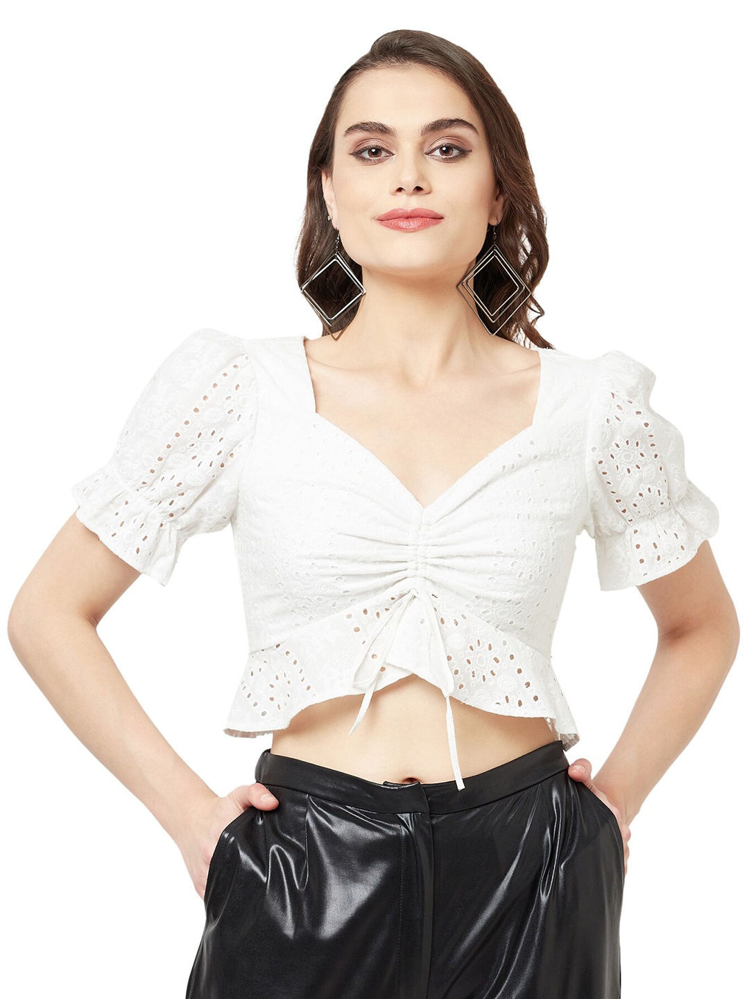 

ATTIC SALT White Sweetheart Neck Schiffli Ruched Pure Cotton Crop Top