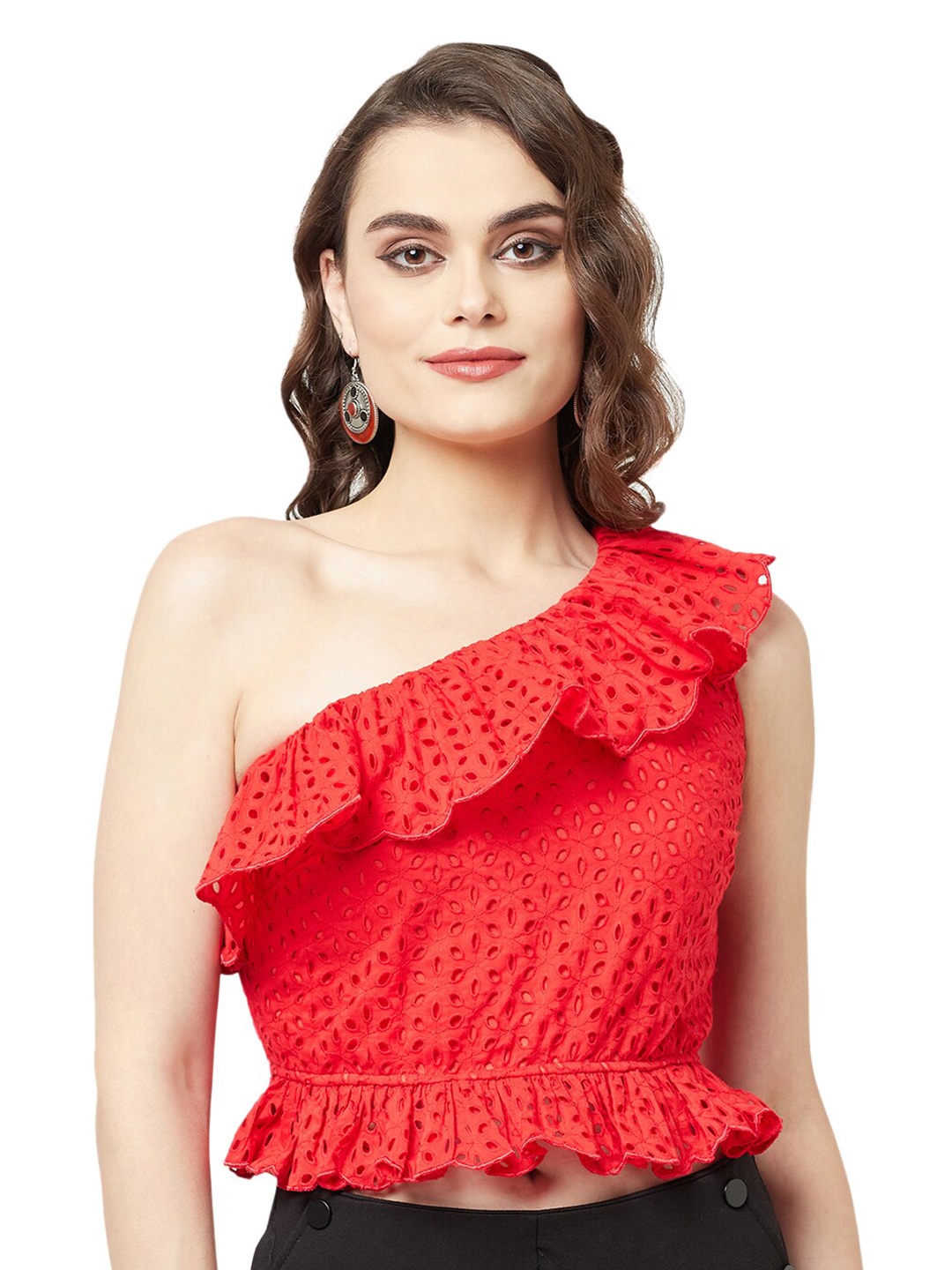 

ATTIC SALT Women Red One Shoulder Schiffli Cotton Crop Top