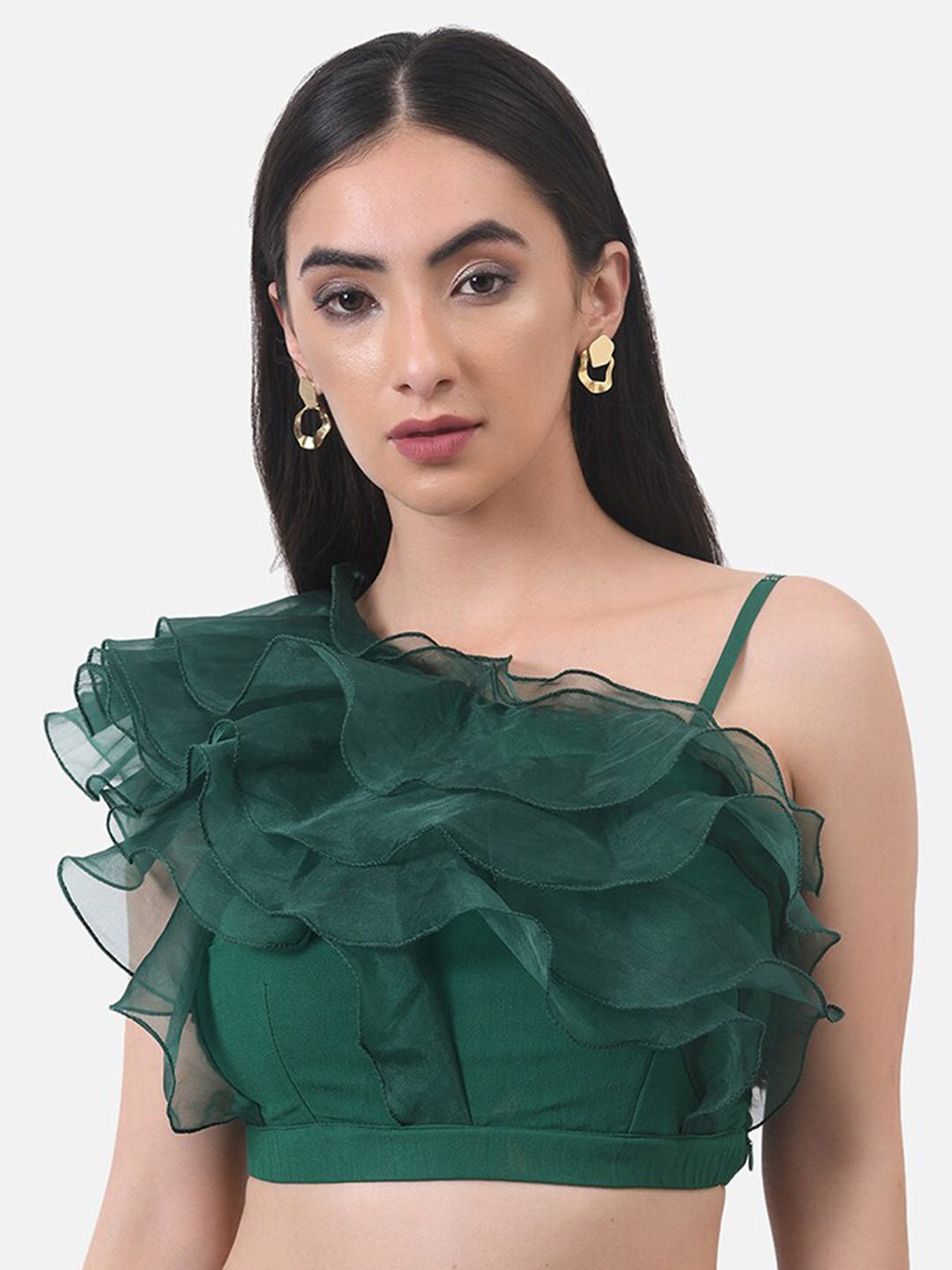 

ATTIC SALT Green One Shoulder Ruffles Georgette Crop Top