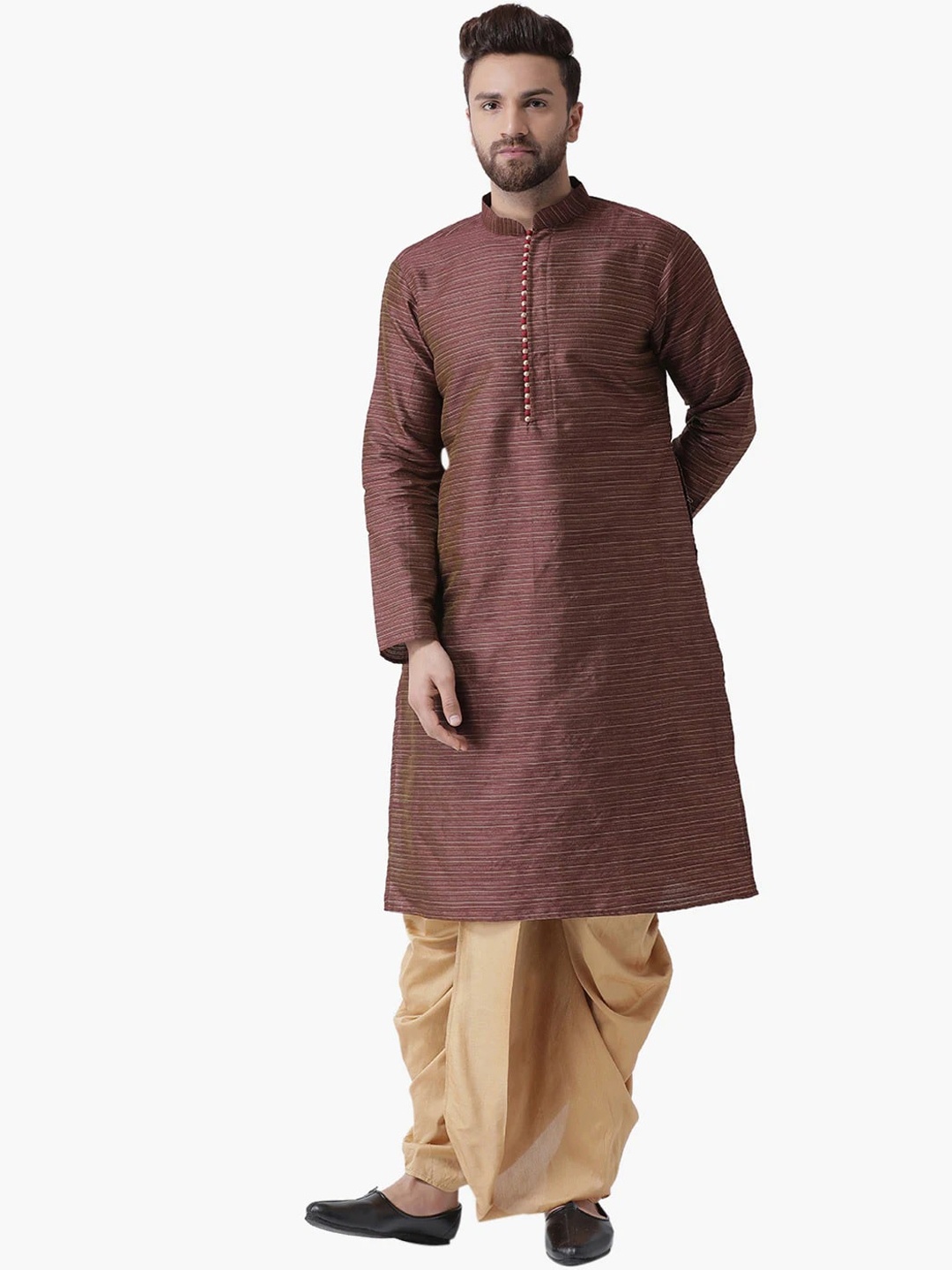 

Chitwan Mohan Men Burgundy Layered Dupion Silk Kurta with Dhoti Pants