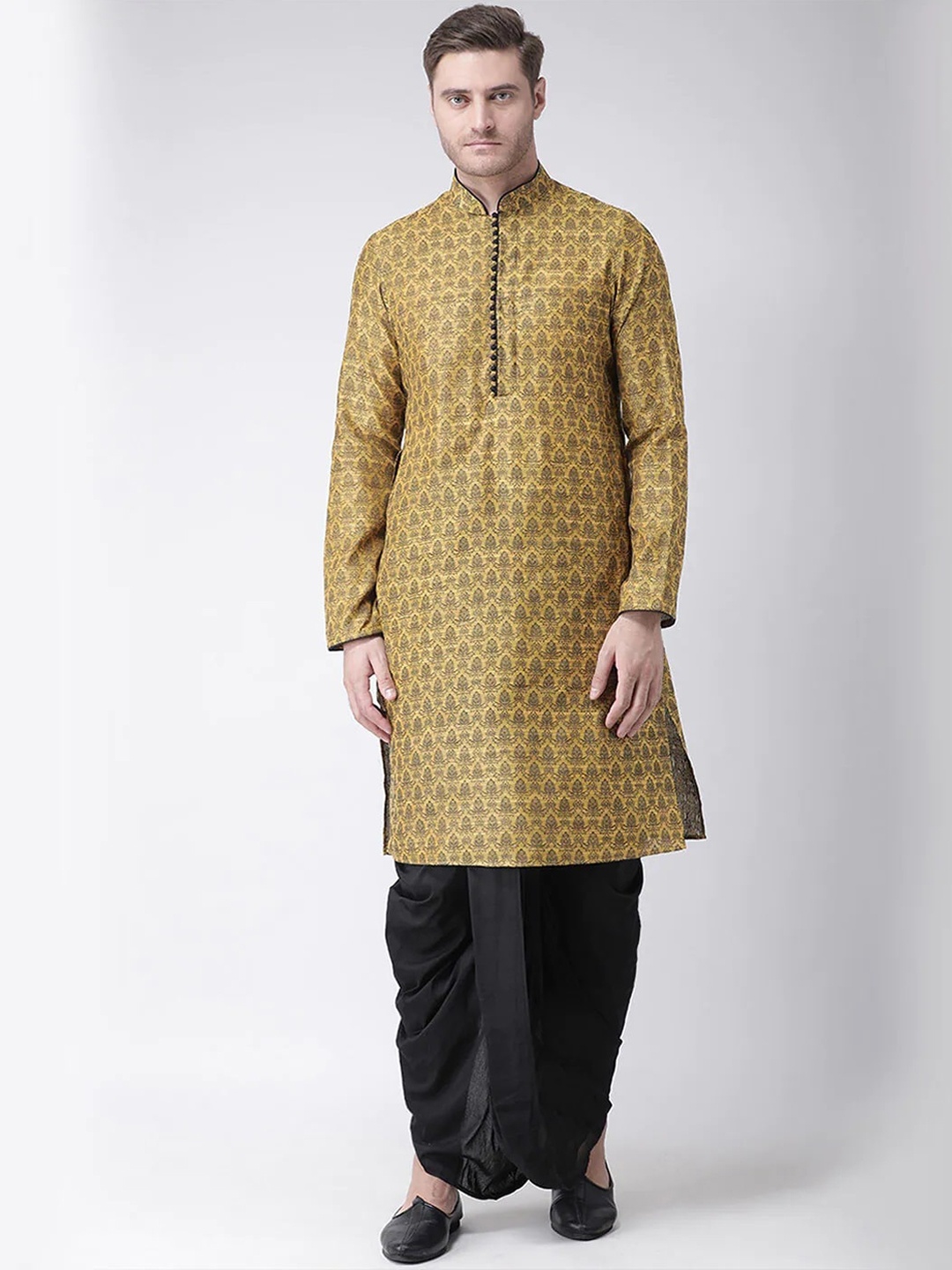 

Chitwan Mohan Men Yellow & Black Ethnic Motifs Printed Kurta with Dhoti Pants