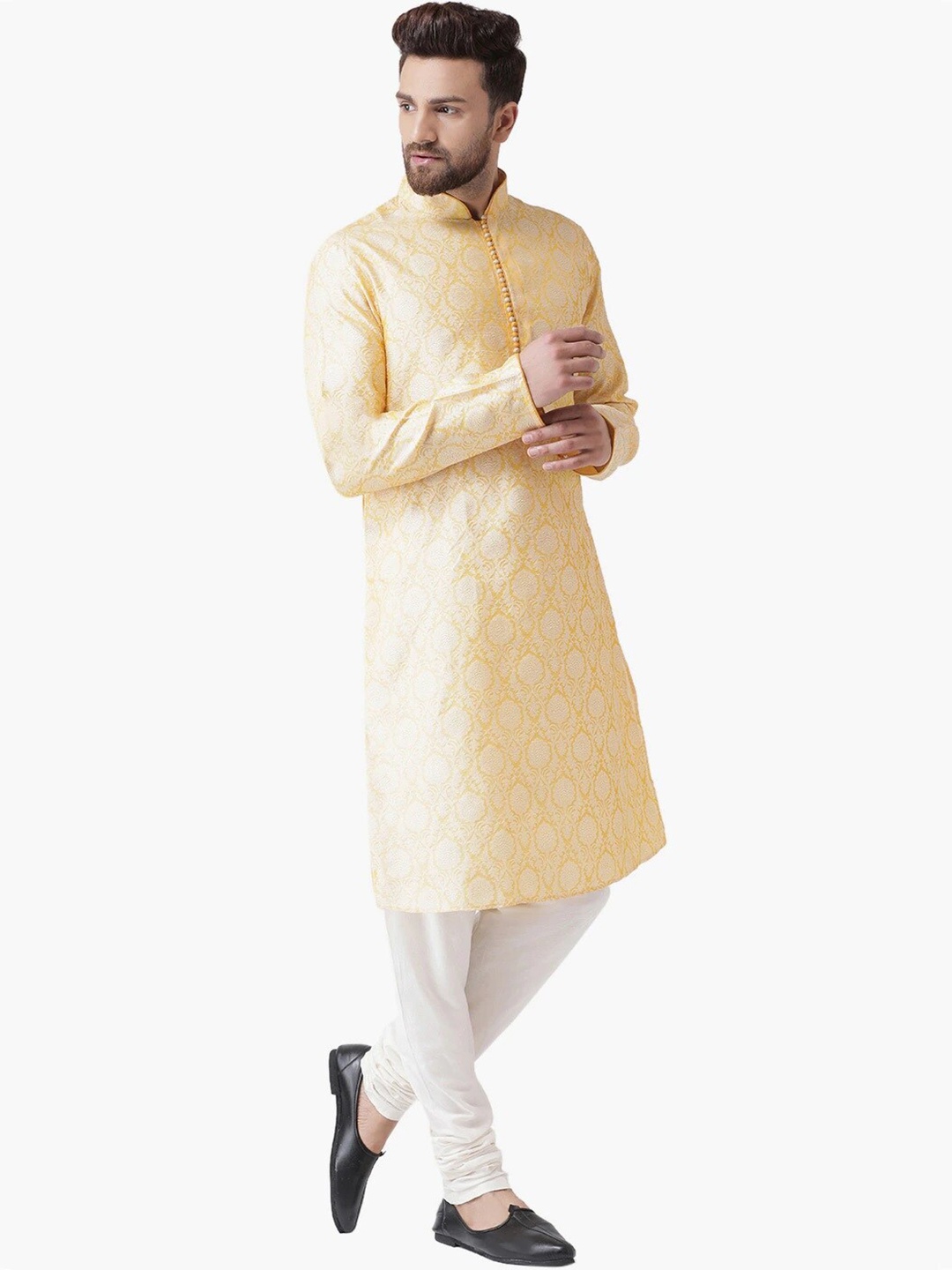 

Chitwan Mohan Men Yellow Floral Embroidered Dupion Silk Kurta with Churidar