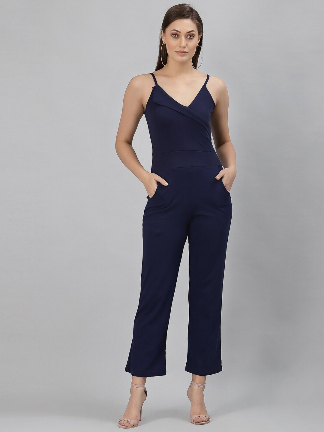 

Selvia Navy Blue Solid Shoulder Strap Basic Jumpsuit