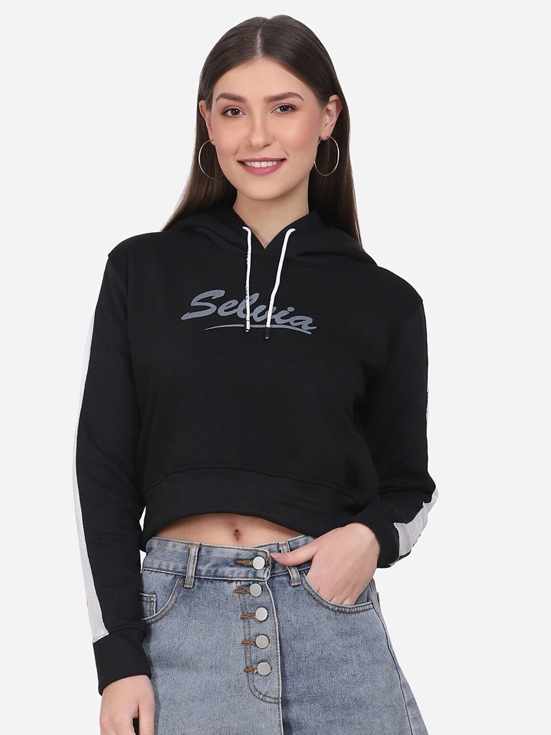 

Selvia Women Black Printed Hooded Cotton Crop Sweatshirt
