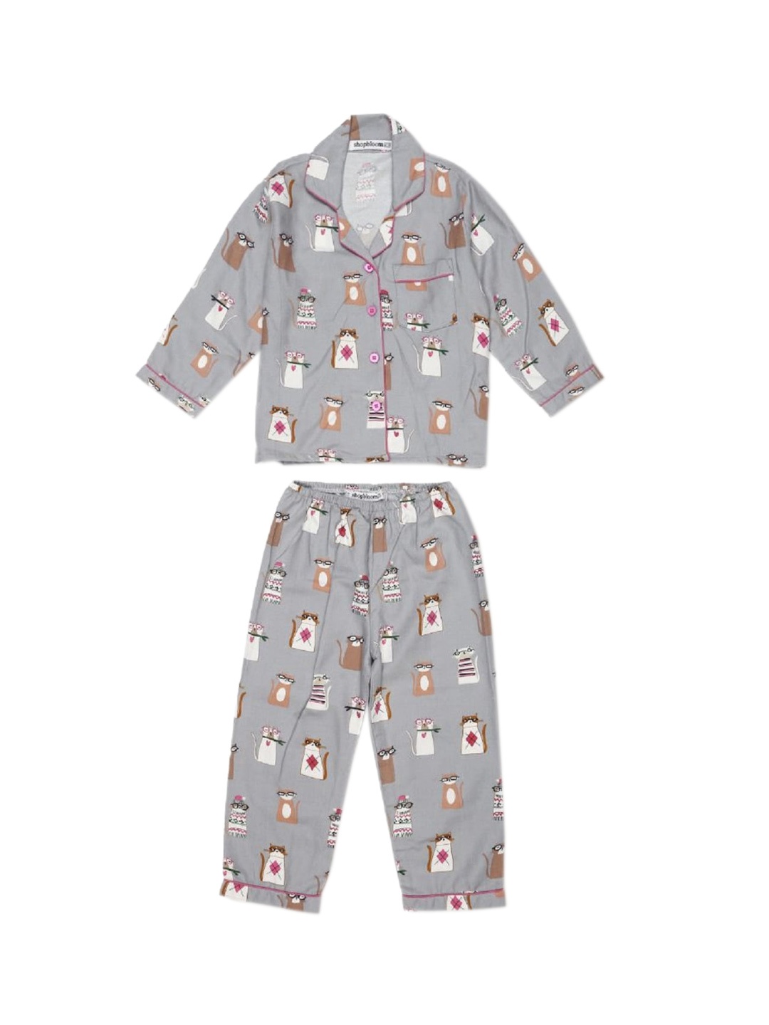 

shopbloom Unisex Kids Grey Printed Cotton Night Suit