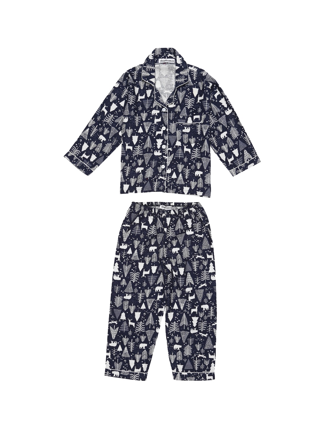 

shopbloom Unisex Kids Navy Blue & White Printed Night suit