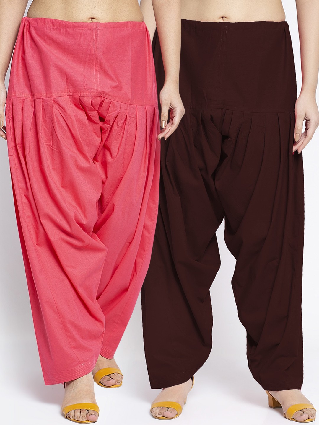 

Jinfo Women Pack Of 2 Pink & Brown Loose Fit Solid Cotton Salwars