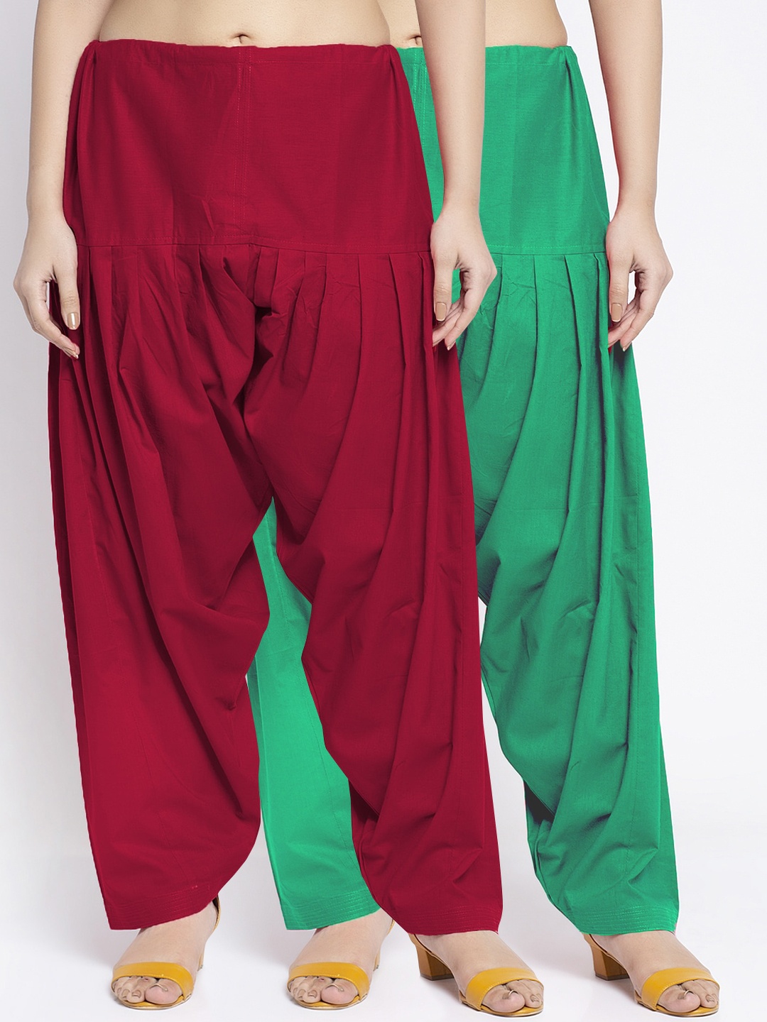 

Jinfo Women Pack Of 2 Green & Maroon Solid Loose Fit Cotton Salwars