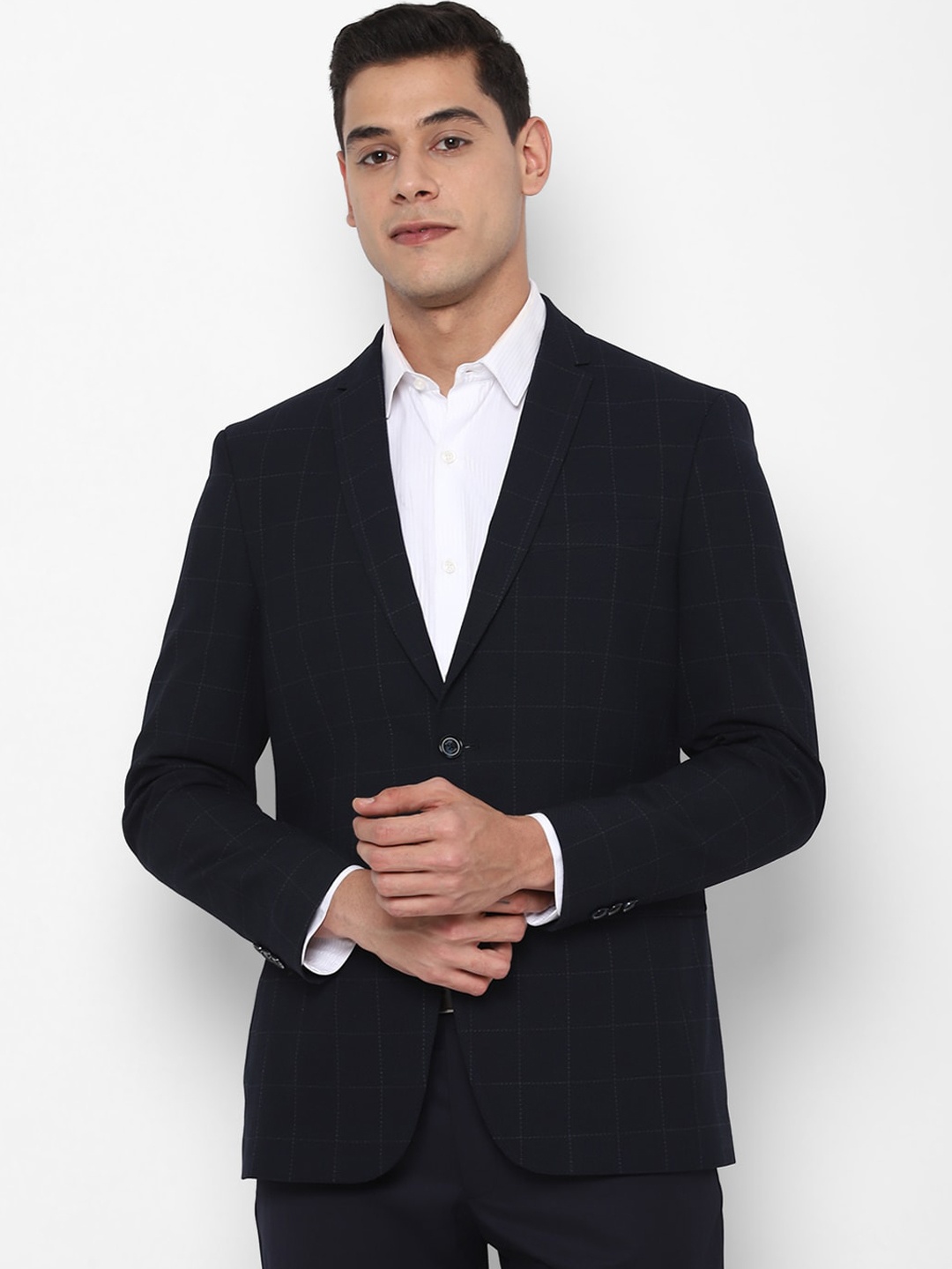 

Allen Solly Men Navy Blue Checked Single-Breasted Slim-Fit Casual Blazers