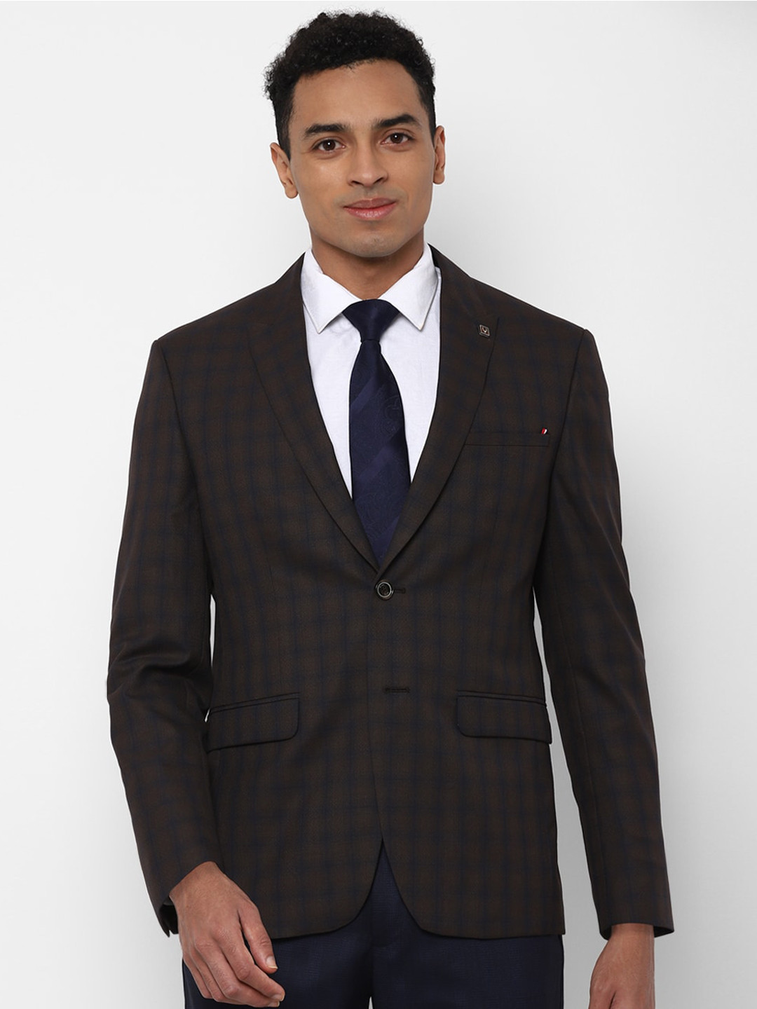 

Allen Solly Men Brown & Navy Blue Checked Slim-Fit Formal Blazer